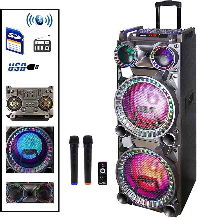 befree sound dual 10 inch subwoofer bluetooth portable party speaker with sound reactive party lights usbsd input rechargeable battery remote cont