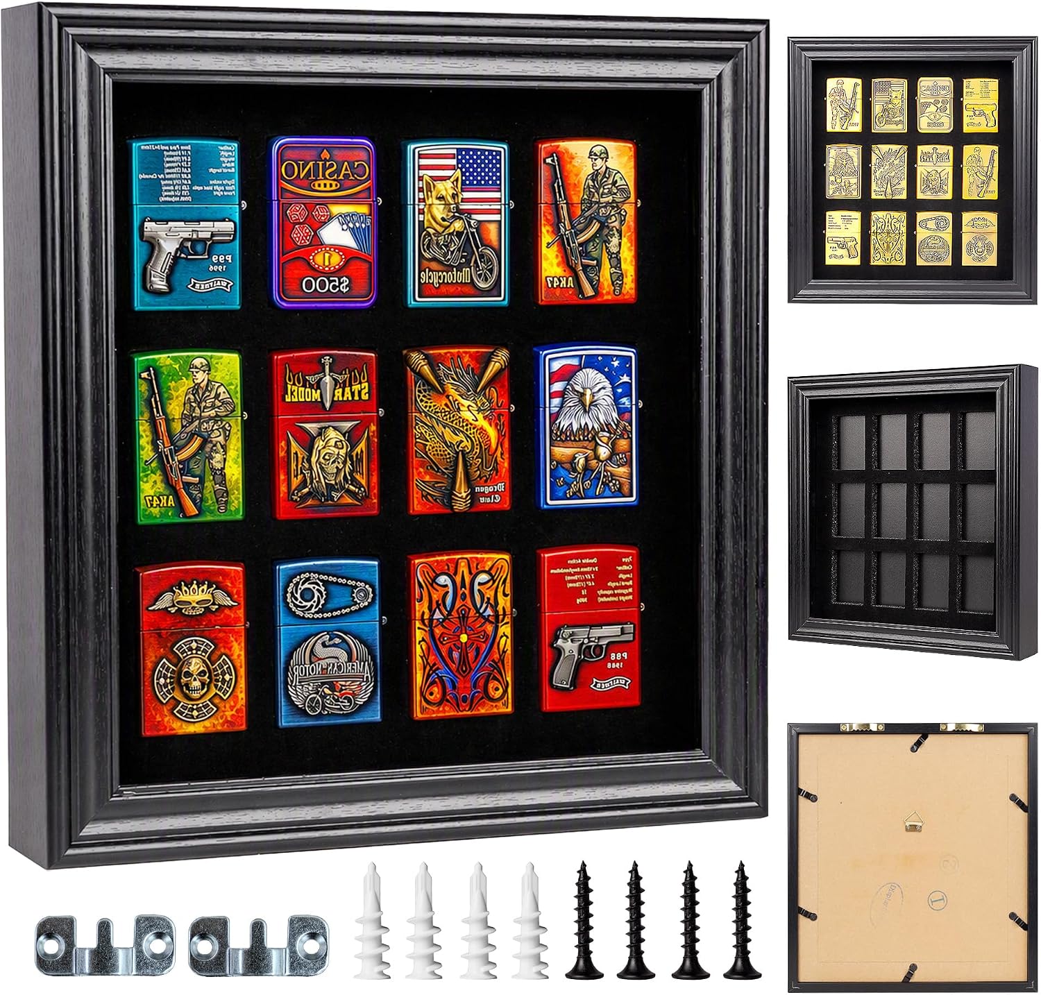 Display Case with Speical Slots Compatible with Zippo Lighters with UV Protection - Back Side Access (12 Slots - Black Frame)