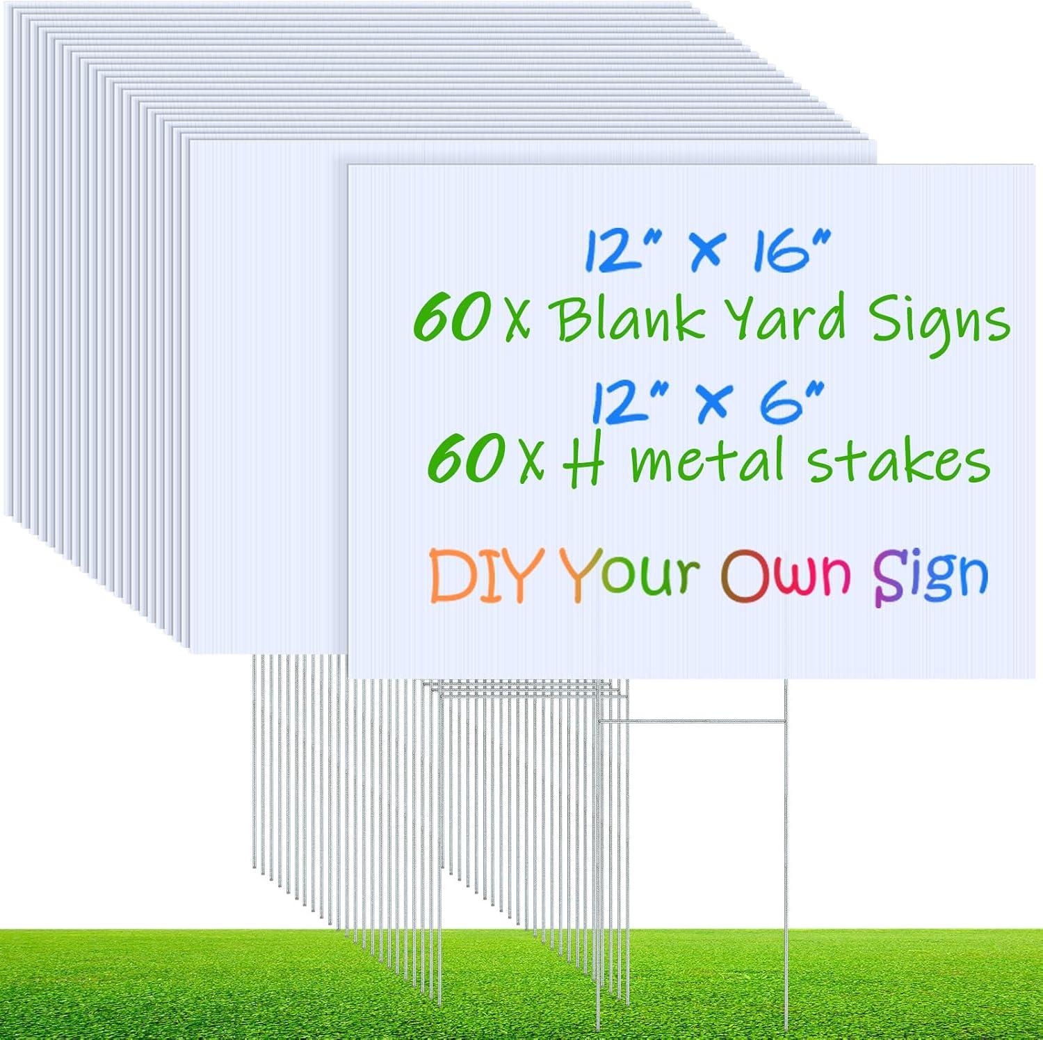 Kigley 60 Pack Blank Yard Signs with Stakes Corrugated Plastic Lawn Sign 12 x 16 Inch Double Sided Garden Yard Signs Waterproof Outdoor Sign for Garage Sale Party Open Houses Commercials (White)