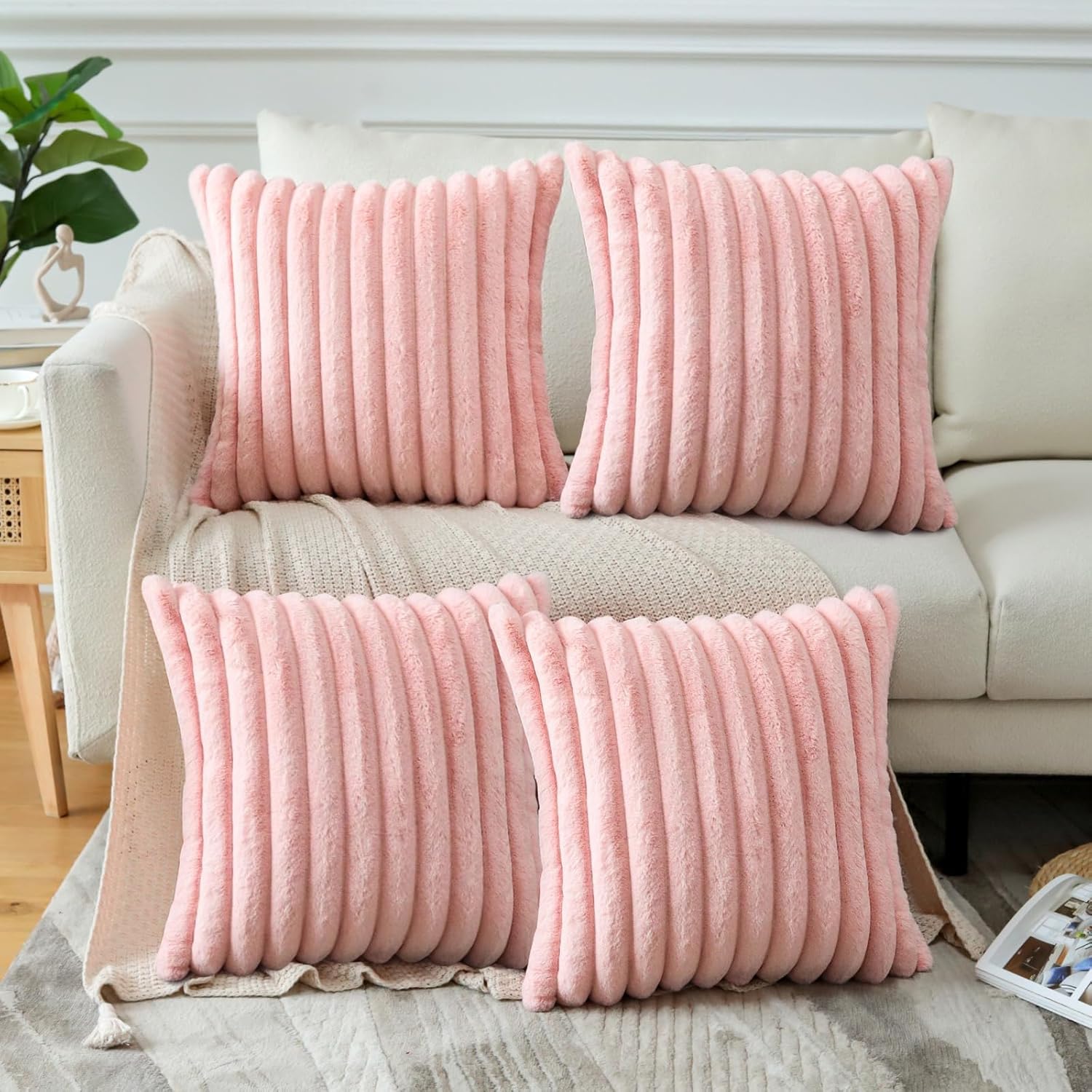 Pillow Cases 4 Pack Pink Cushion Covers 45 X 45, Fluffy Faux Fur