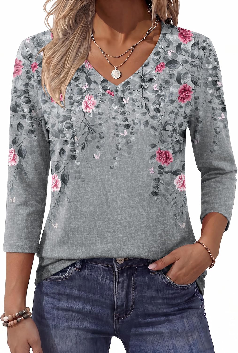 Zeagoo Womens Blouse Casual 3/4 Length Sleeve V Neck Basic T-Shirts Spring Summer Cute Tunic Tops Business Work Tees
