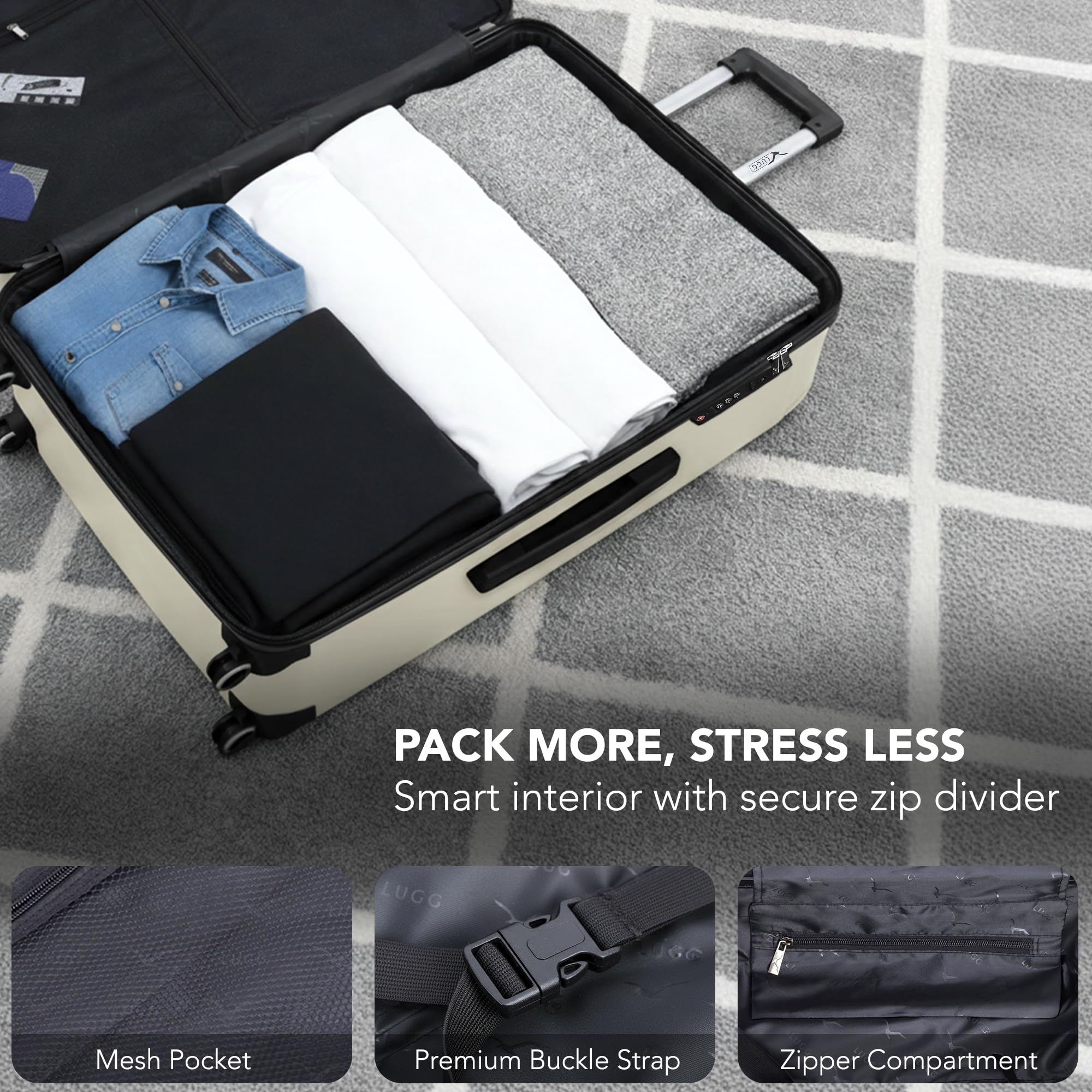 LUGG - Jetset 40cm Suitcase - 40x30x20cm- Ryanair Compatible - Underseat Size - Hard Shell ABS - Spinner & Removable Wheels - Lightweight Travel Luggage- Cream/Brown — view 164