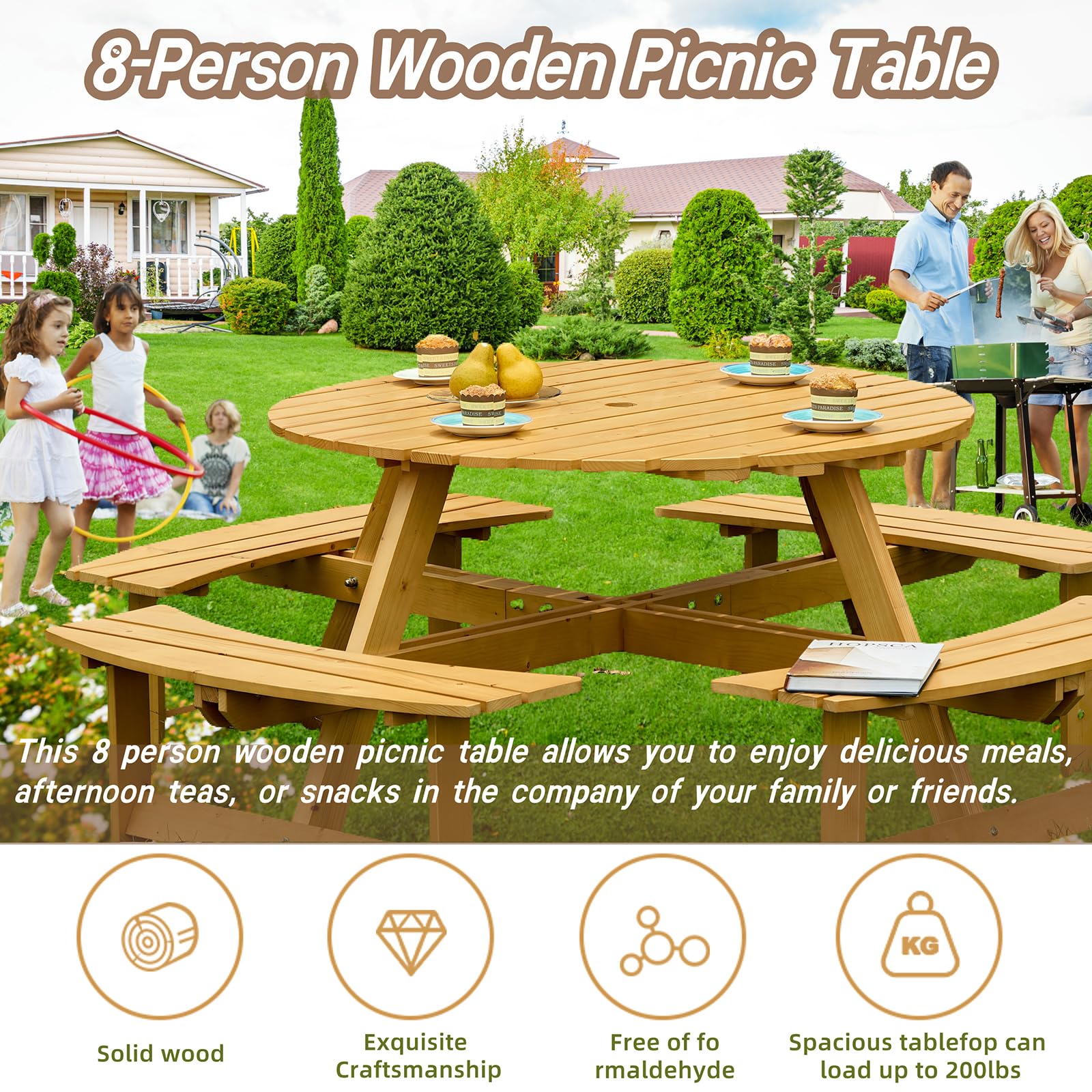Tavolo da picnic rotondo in legno per 8 persone con 4 panche integrate e foro per ombrellone, per giardino, cortile, portico e patio