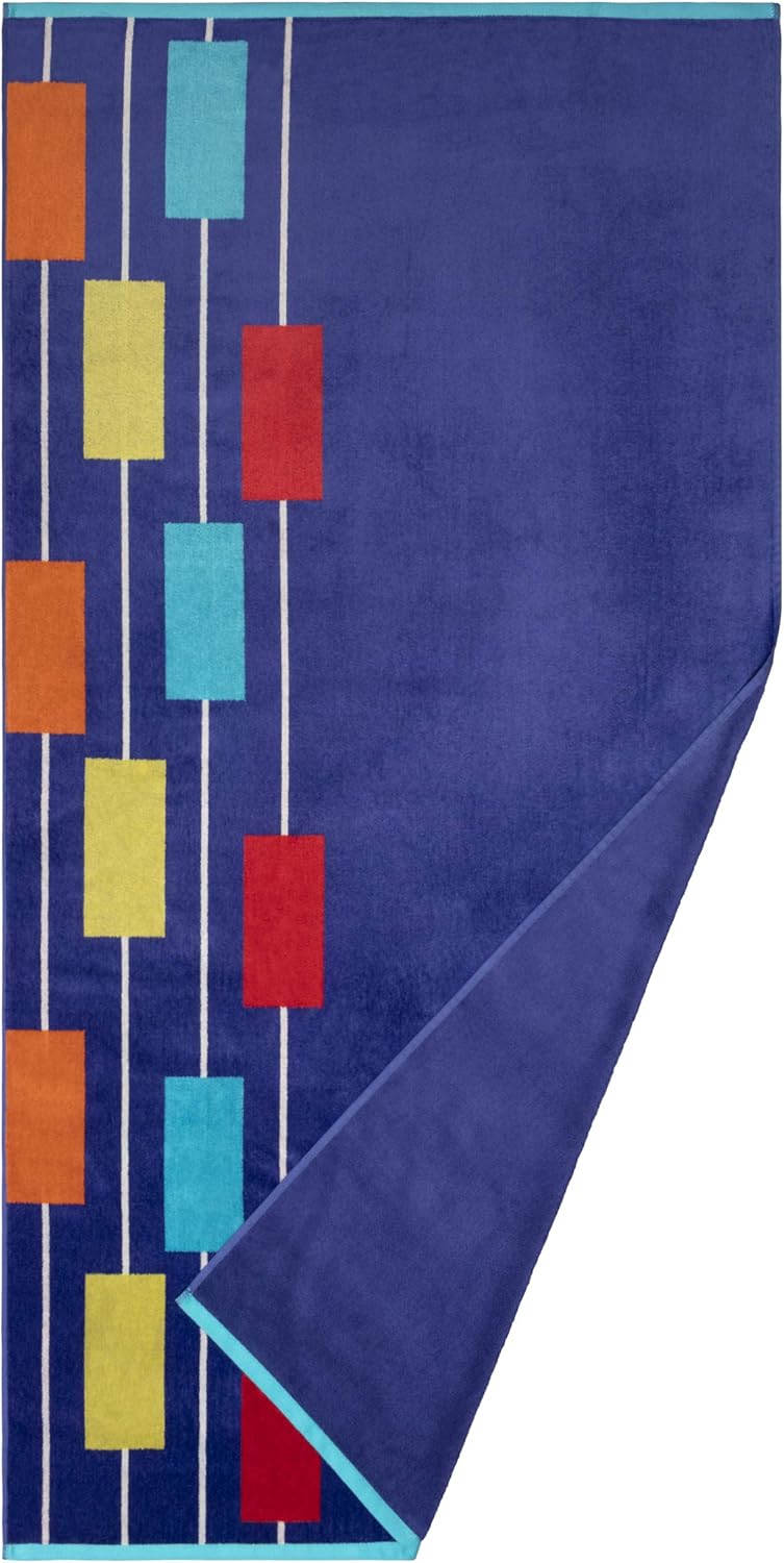 BLUENILEMILLS Harbortown Beach Towel, 100% Cotton, Poolside Lounging, Sunbathing, Soft, Absorbent, Quick Dry, Mediumweight, Cotton Terry, Velour, Oversized, Neon Tiles Design, 35" x 67", 1-Piece