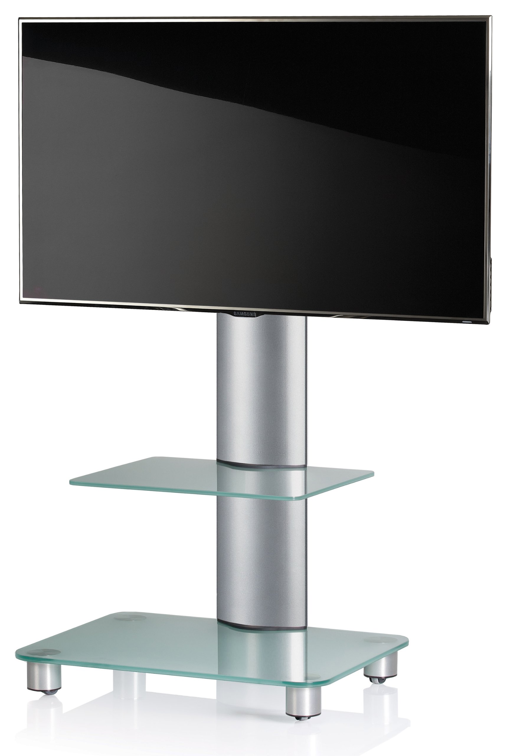VCM Bilano Silber - Soporte Vertical de TV, con estantes, Ruedas Incluidas, Cristal Opaco