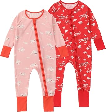 HAHASHOW Onepiece Romper 2-Pack Baby Boy Girl Newborn Zip Up Outfit Long Sleeve Rollover cuffs Christmas 0-24 Months