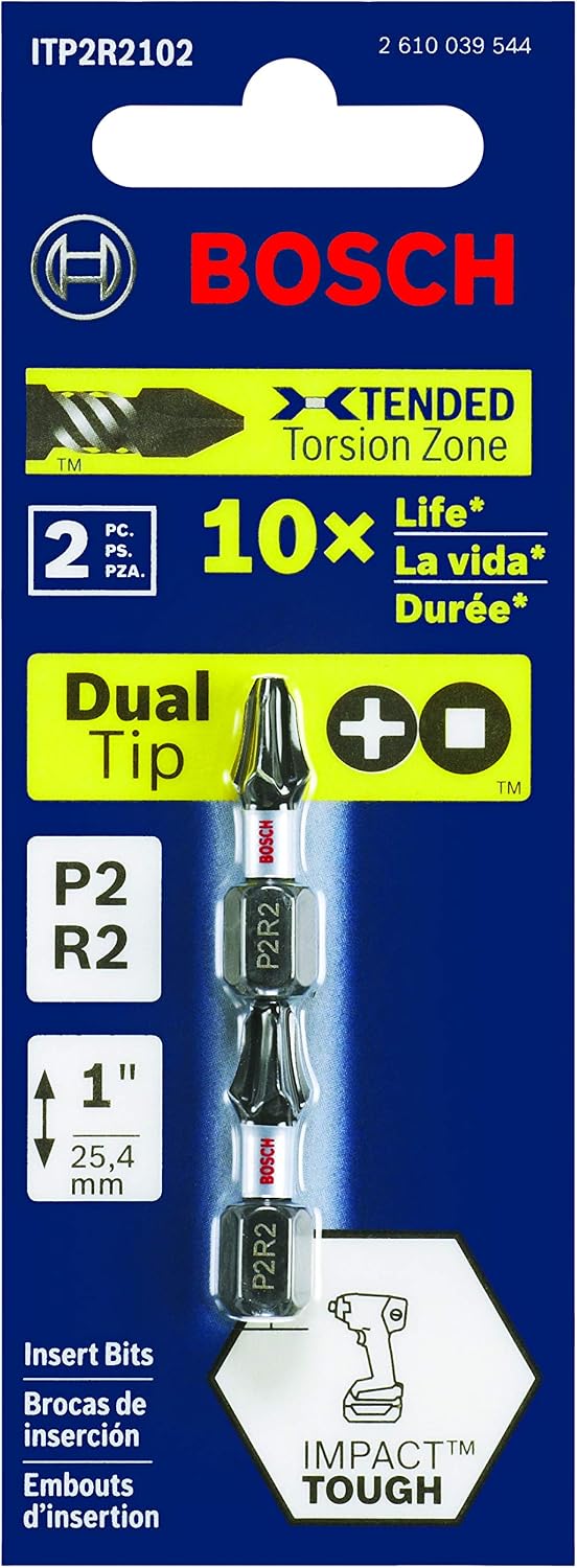 BOSCH ITP2R21B 10-Pack 1 In. Phillips/Square #2 Impact Tough Screwdriving Insert Bits