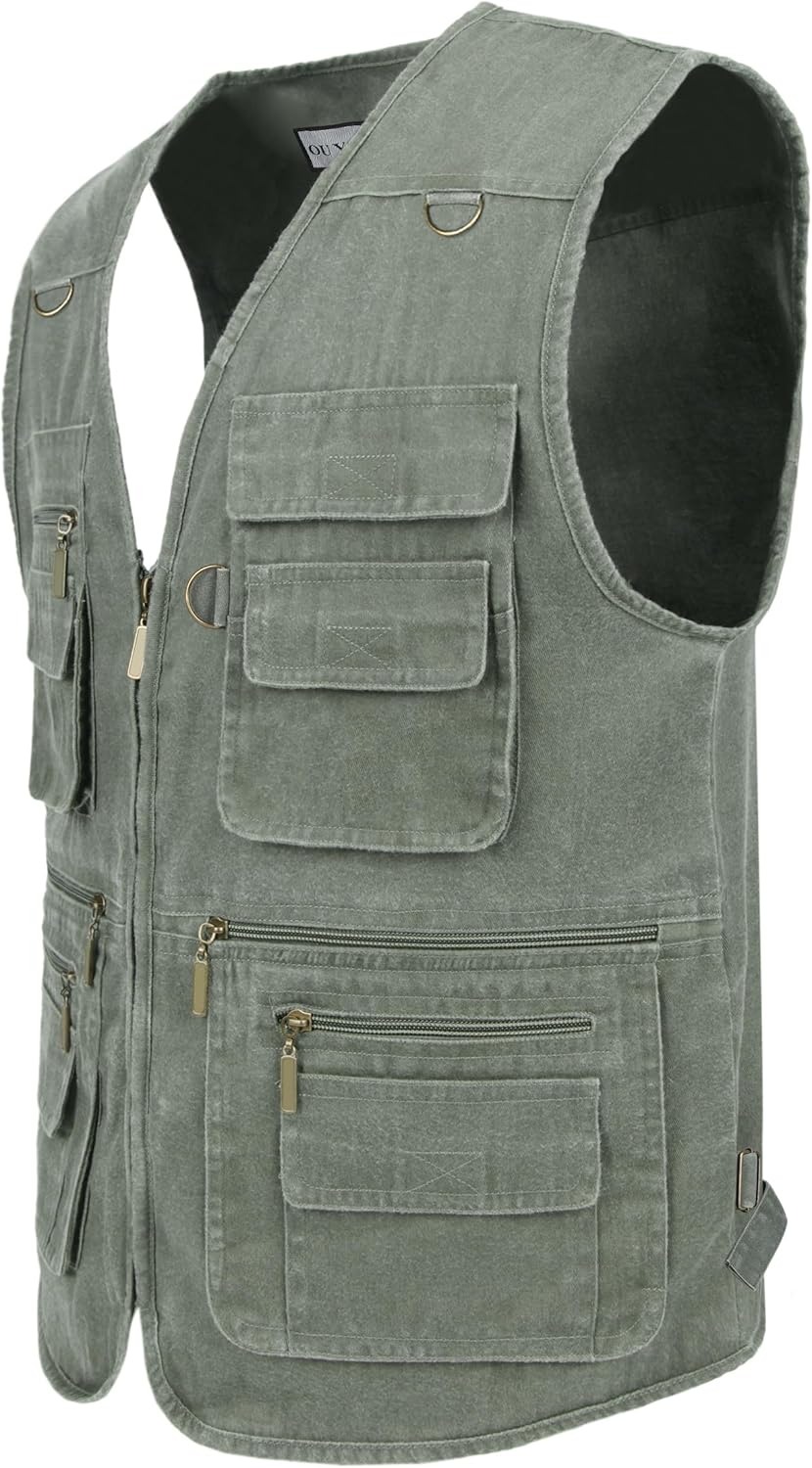 Men's Fishing Vest Stone Washed Denim Multi Pockets Outdoor Casual Work Utility Travel Photo Hunting Cargo Vests