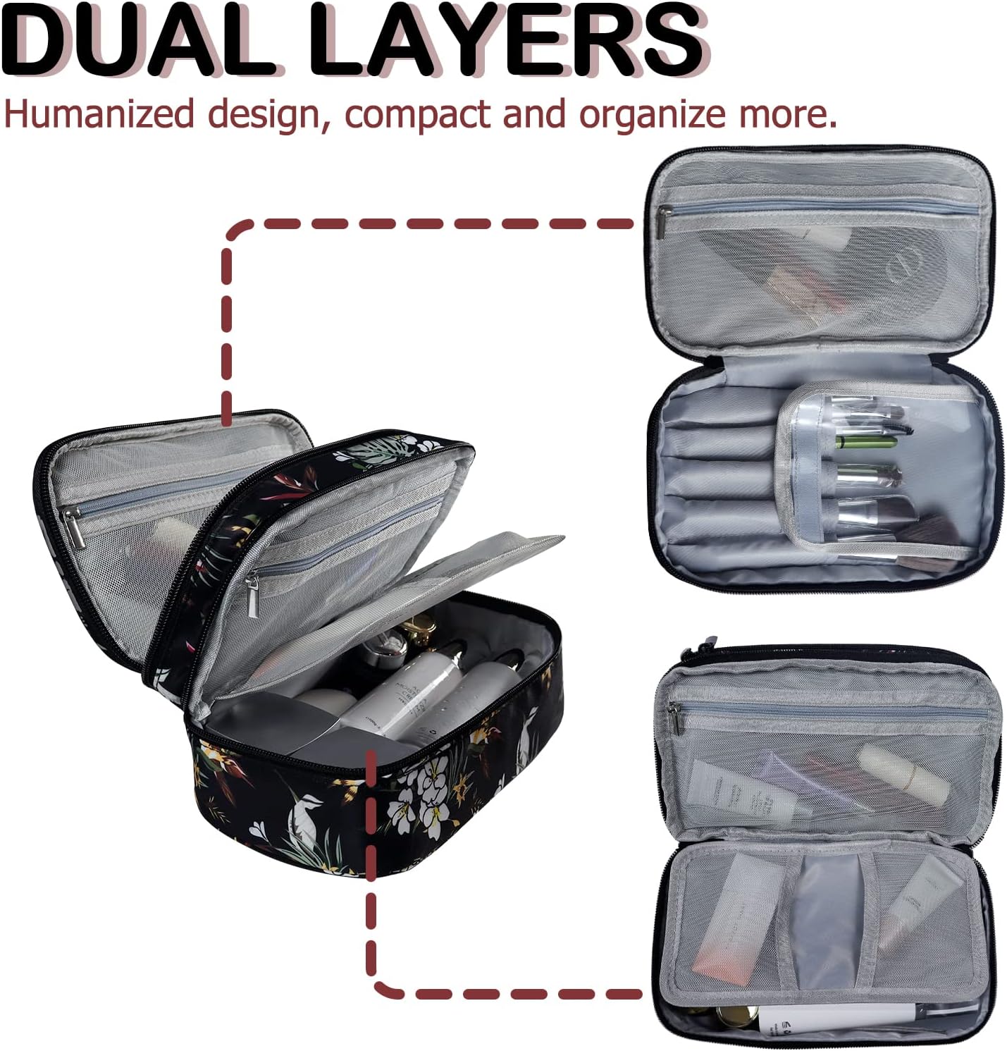 Gloppie Makeup Bag Travel Cosmetic Bag Portable Toiletry Bag Dual Zipper Makeup Case for Women Waterproof Makeup Box Pouch