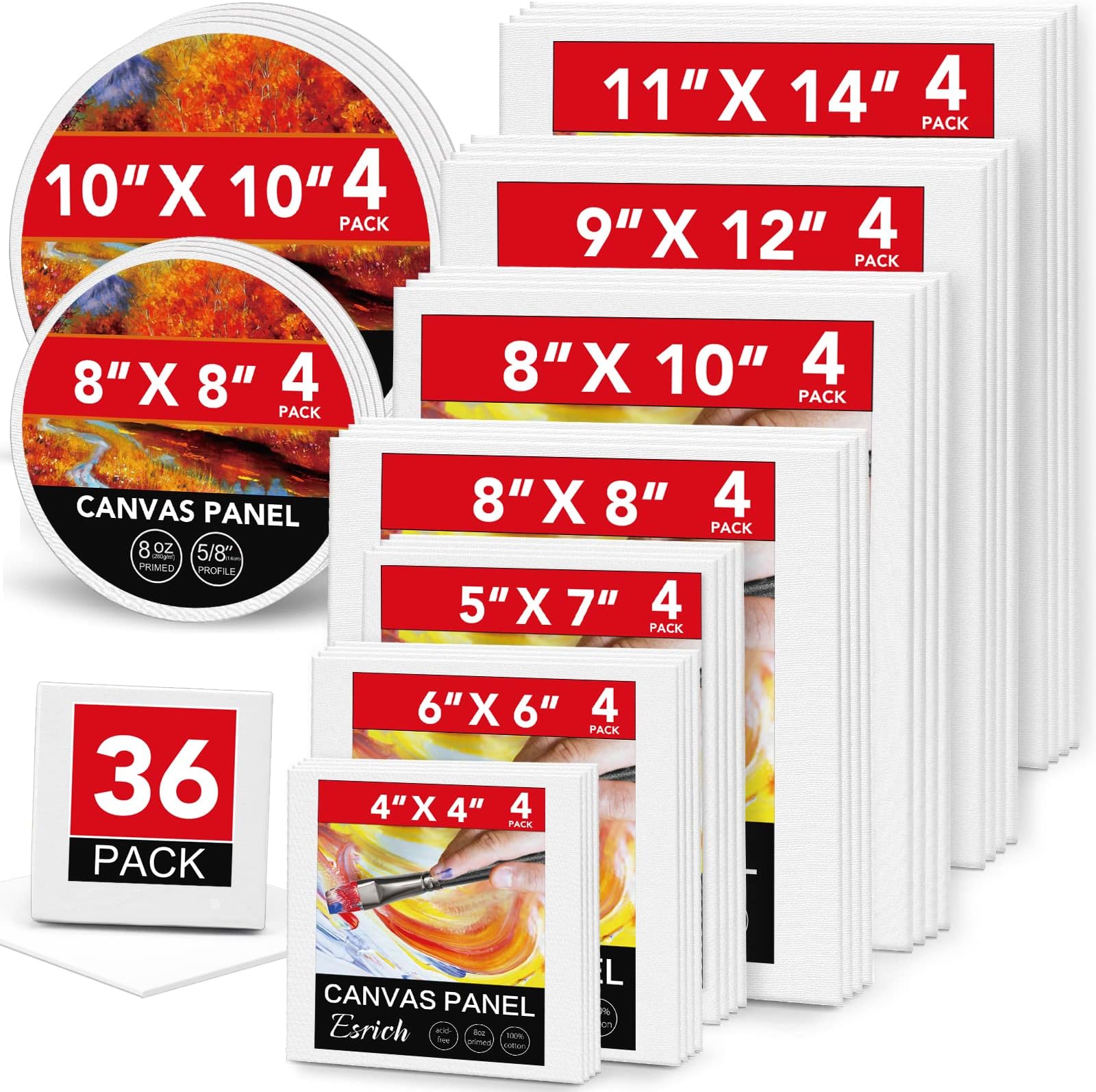 ESRICH 36PCS Canvas Pack: Cotton Artist Canvases for Painting - Acrylic, Gouache, Oil, Tempera, Watercolor - 4x4, 6x6, 8x8, 5x7, 8x10, 9x12, 11x14, 8x8, 10x10