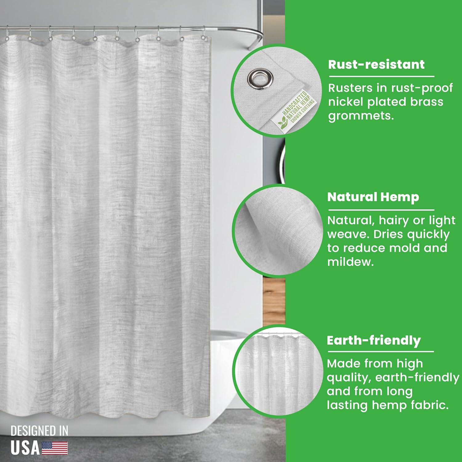 Bean Products Hemp Fabric Shower Curtain Liner - Lightweight and Washable Natural Breathable Fabric Bath Shower Liner - Perfect for Master Bath Tubs, Guest Bathrooms and Dorms - White, 70" x 74"