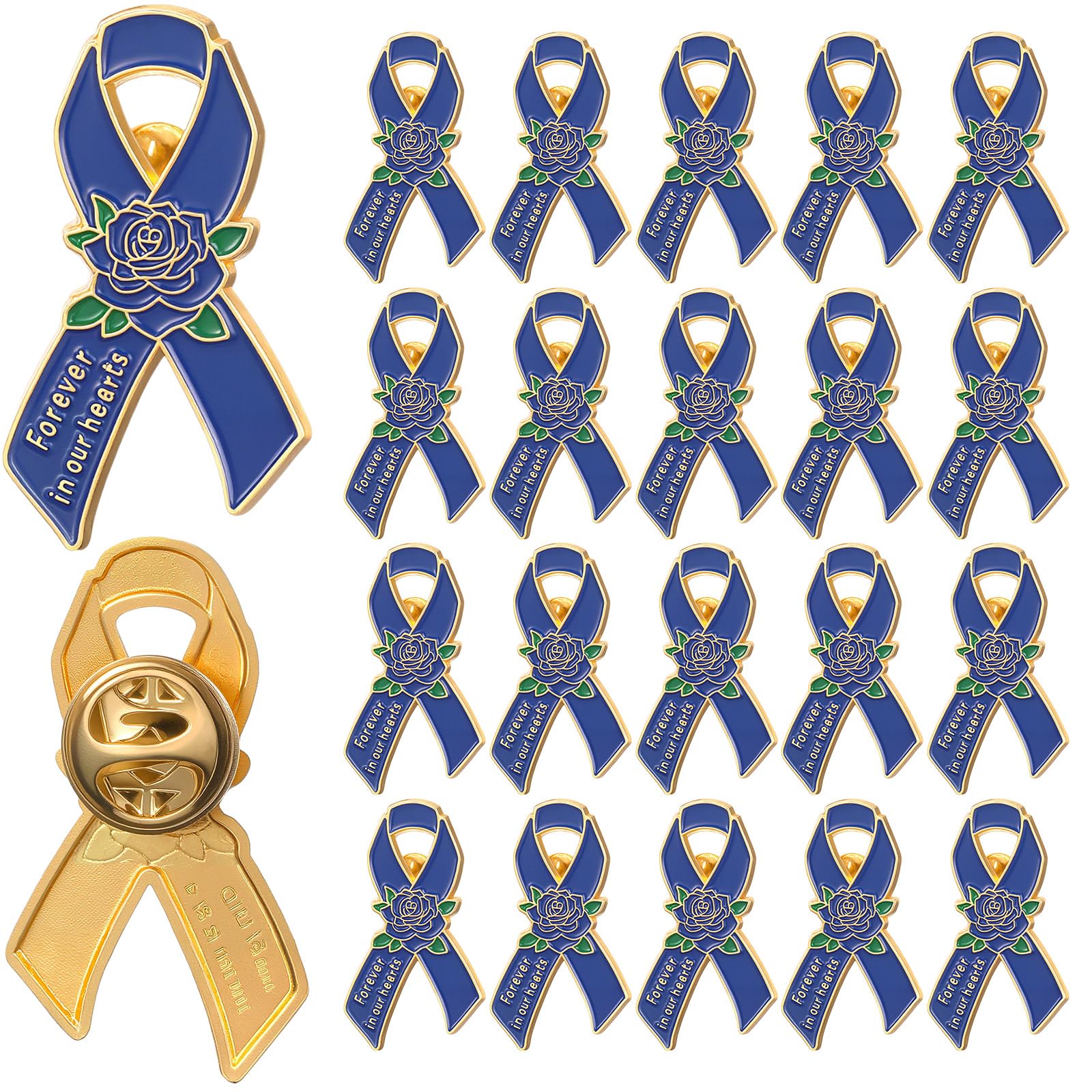 Misdary 25 Pcs Funeral Pins Christian Cross Pin Forever in Our Hearts Lapel Pin for Mourning Remembrance Day (Blue,Rose with Ribbon)