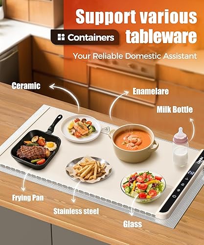 Miniatura 4 de Tapete de calentamiento de alimentos con almohadilla resistente al calor, 26 x 15 pulgadas, temporizador de 6 horas de temperatura de 6 niveles,