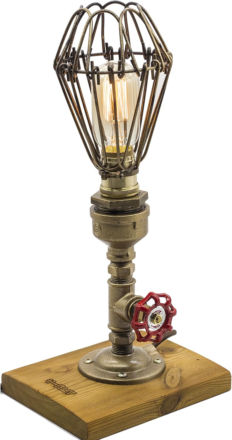 Loft Style Lamp, "Pharos", Steam Punk Industrial Vintage Style, Wood Base Metal Body, Table Desk Light with Dimmer, LL-016