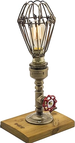 Lámpara de estilo loft, "Pharos", estilo vintage industrial punk de vapor, cuerpo de metal con base de madera, luz de escritorio con atenuador,