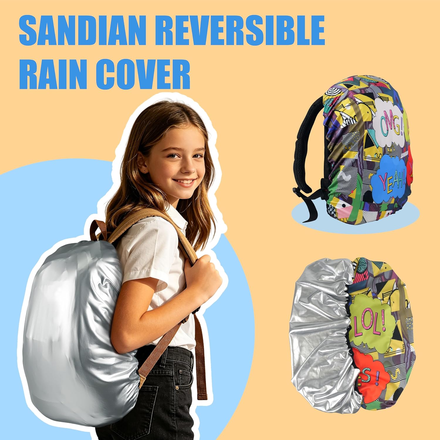 SANDIAN, Backpack Cover, Reversible Rainproof Waterproof, Durable, Omni Direction Stretch One Size Fits Most Multipacks, Silver and Printed design, Great for Commuter Hiking Backpacking Traveling Bags image 2