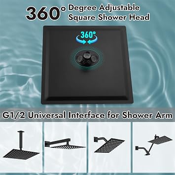 Midanya Square Rain Shower Head,High Pressure,Matte Black 6 Inch