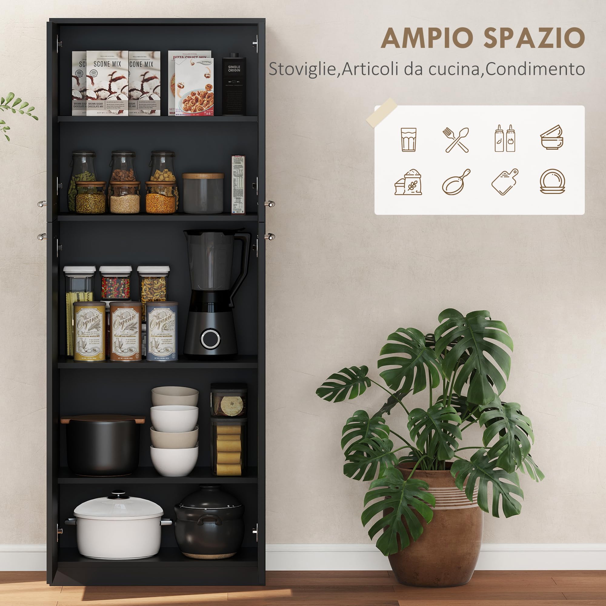 HOMCOM Credenza Cucina, Mobile Dispensa con 2 Armadietti, Mobile Cucina con Ripiani Regolabili in MDF, per Sala da Pranzo, Soggiorno, Salotto, 59x31x155 cm, Nero