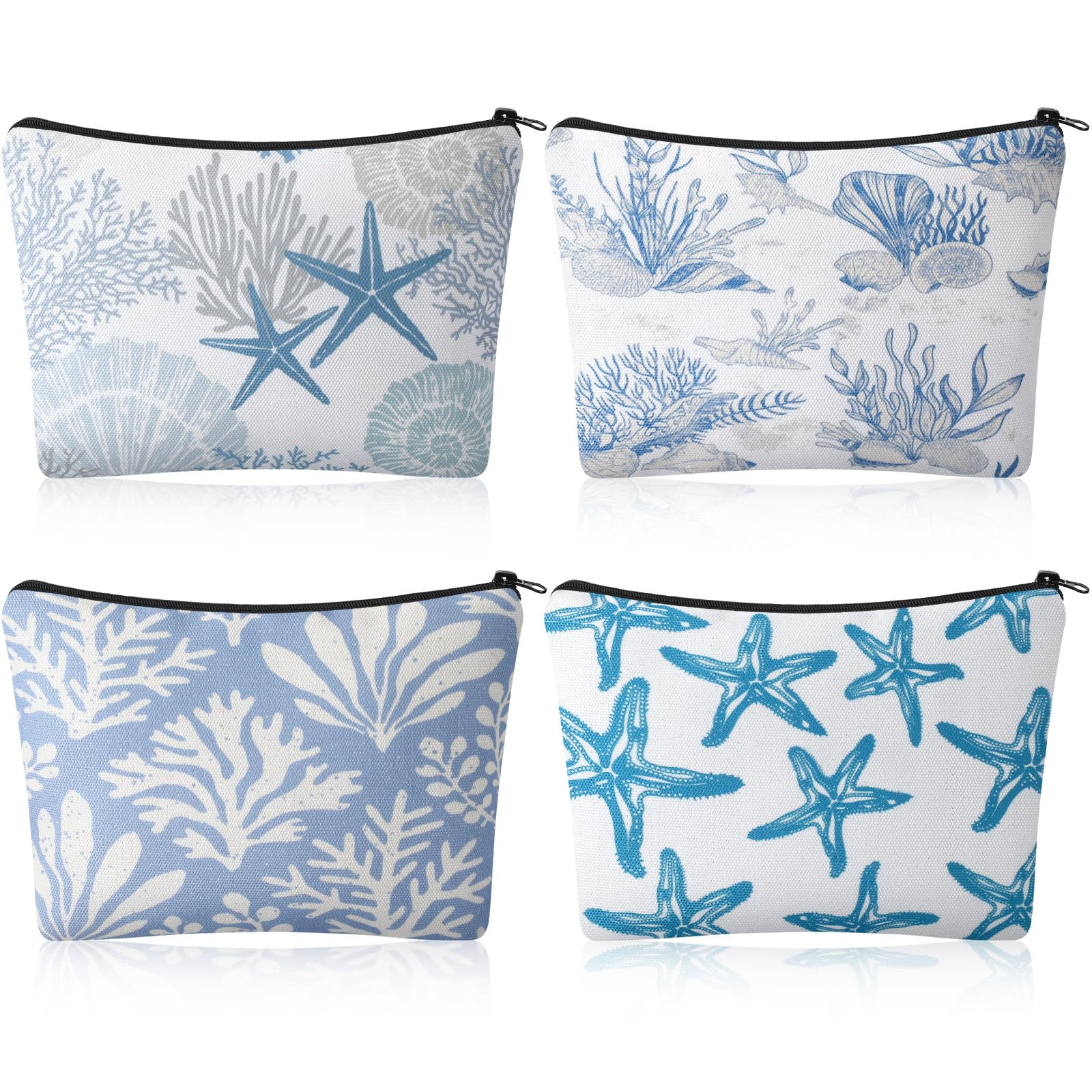 4 Pack Coastal Cosmetic Bags Beach Themed Gifts Starfish Seashell Conch Coral Makeup Pouches Zippered Travel Toiletry Bags for Women Beach Summer Trip Organizer Set(Fresh)