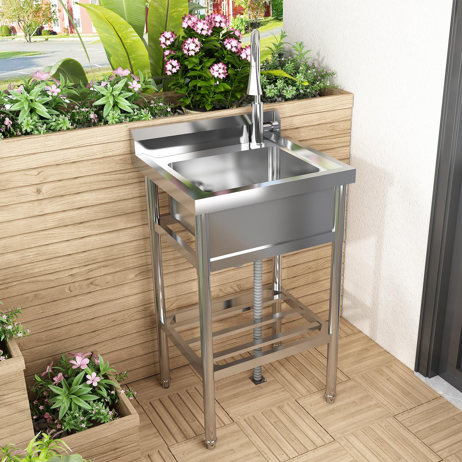 Ultra-Robuster Spültisch aus Edelstahl,48" Großes Einzelbecken mit Brause & Kalt Warmwasseranschluss, Frei stehender Waschtisch für Profibereich (61 * 51 * 105cm)