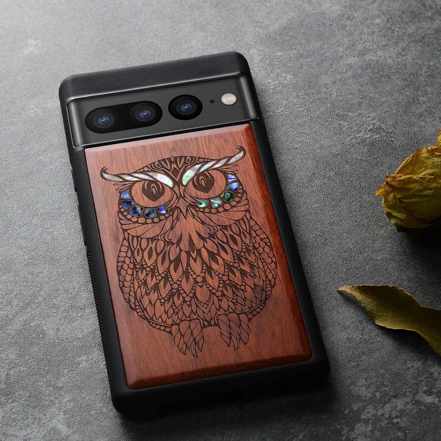 Carveit Designer Wooden Case for Google Pixel 7 Pro Case [Wood Engraving & Shell Inlay] Unique Wood Cover Compatible with Wireless Chargers Pixel 7 Pro (Owl-Rosy)