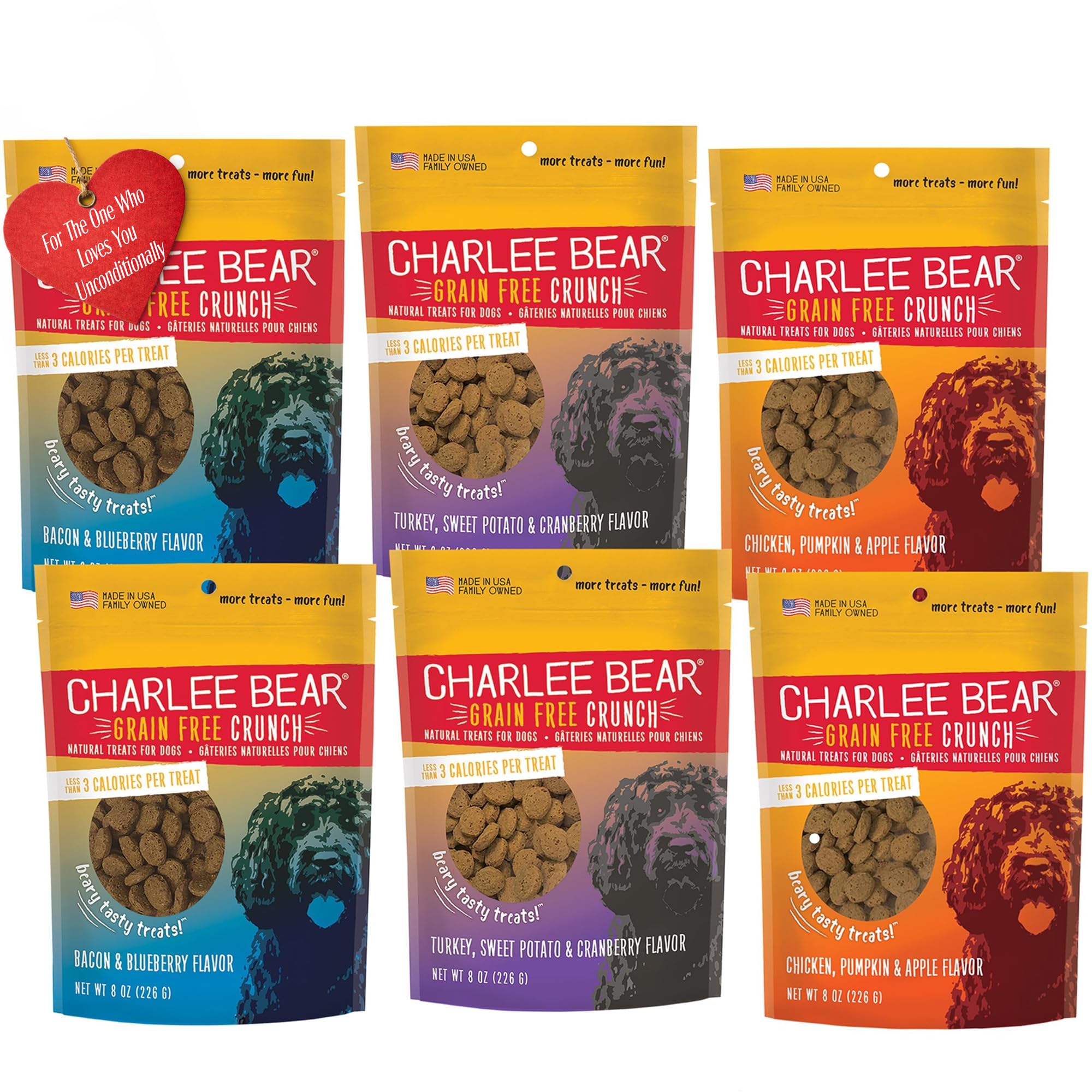 Charlee Bear Dog Training Treats for Small, Medium & Large Breeds, Crunchy Low Calorie Grain Free Dog Treats, USA Made, Three Flavor Variety 6 Pack, 8oz Each