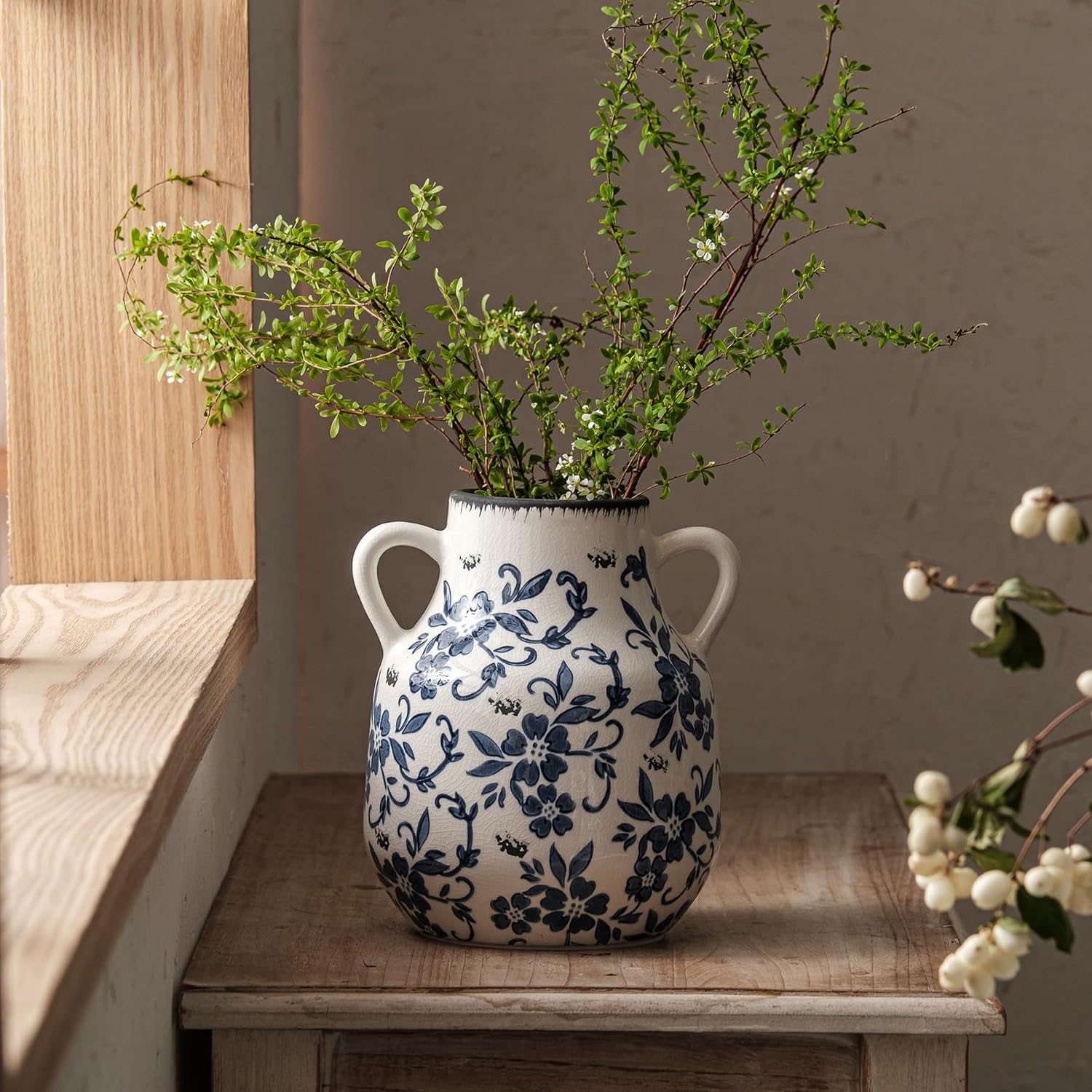 Blue and White Vintage Round Flower Vase with 2 Handles, Chinoiserie Floral Vase, Retro Ice Cracked Ceramic Large Vases for Home Decor, Living Room, Grand Millennial Chinoiserie Decor, 7.7 Inch - Image 6
