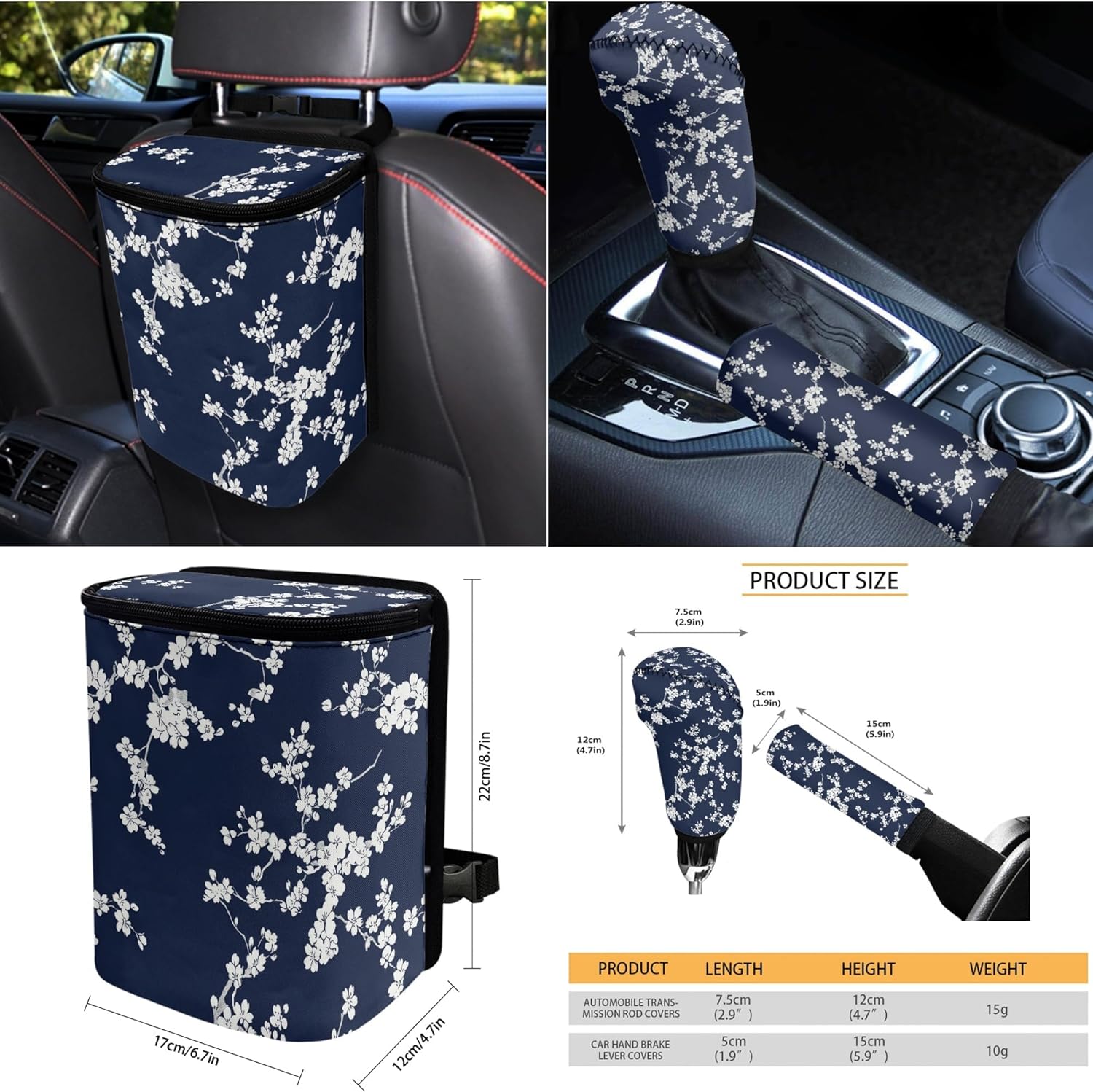 14 Pcs Floral Car Seat Covers Full Set Car Trash Can Coaster Seat Center Console Keychain Gear Lever and Handbrake Steering Wheel Seat Belt Covers/Chambray Bloom
