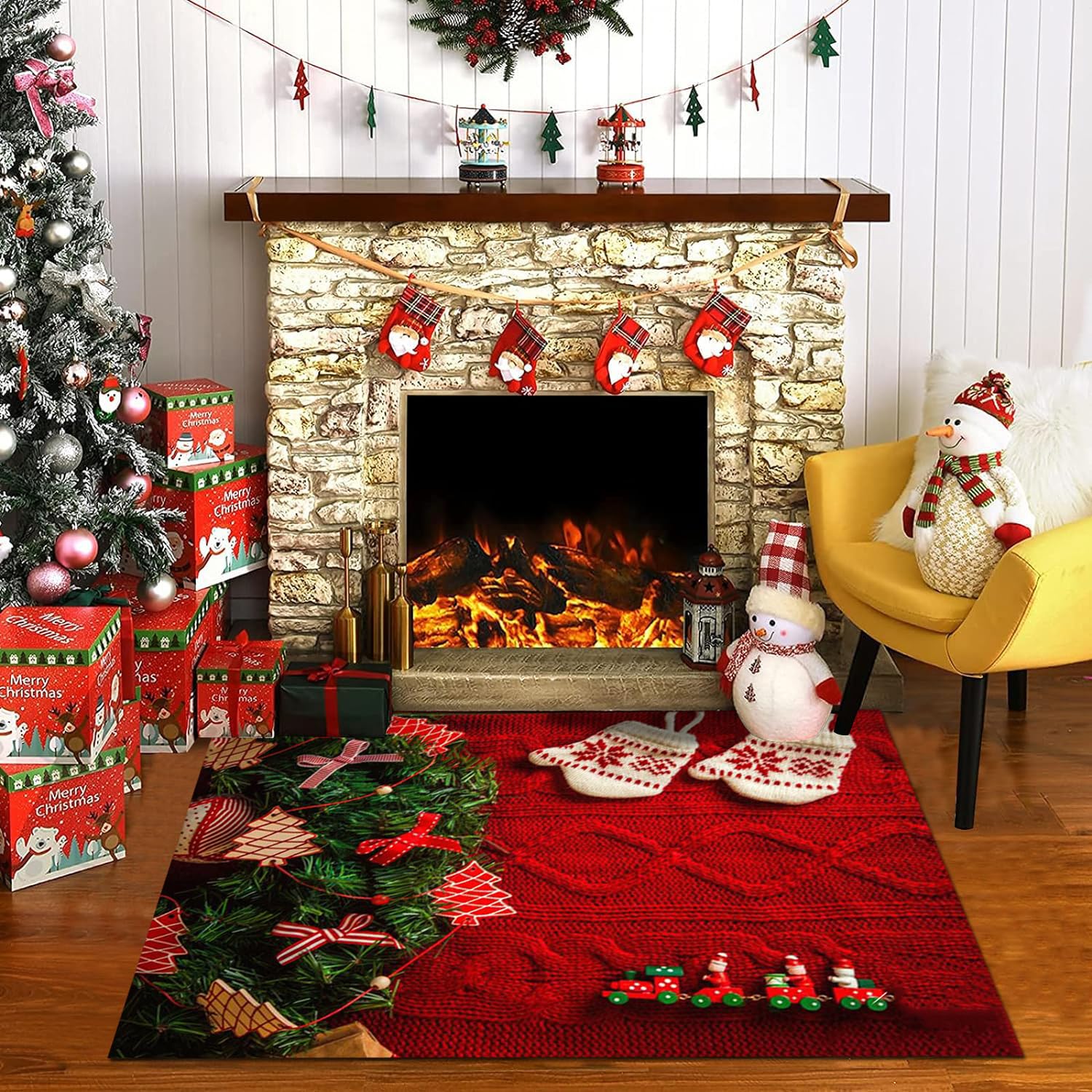 Tapis de Noël texture tricot imprimé tapis de sol rouge antidérapant