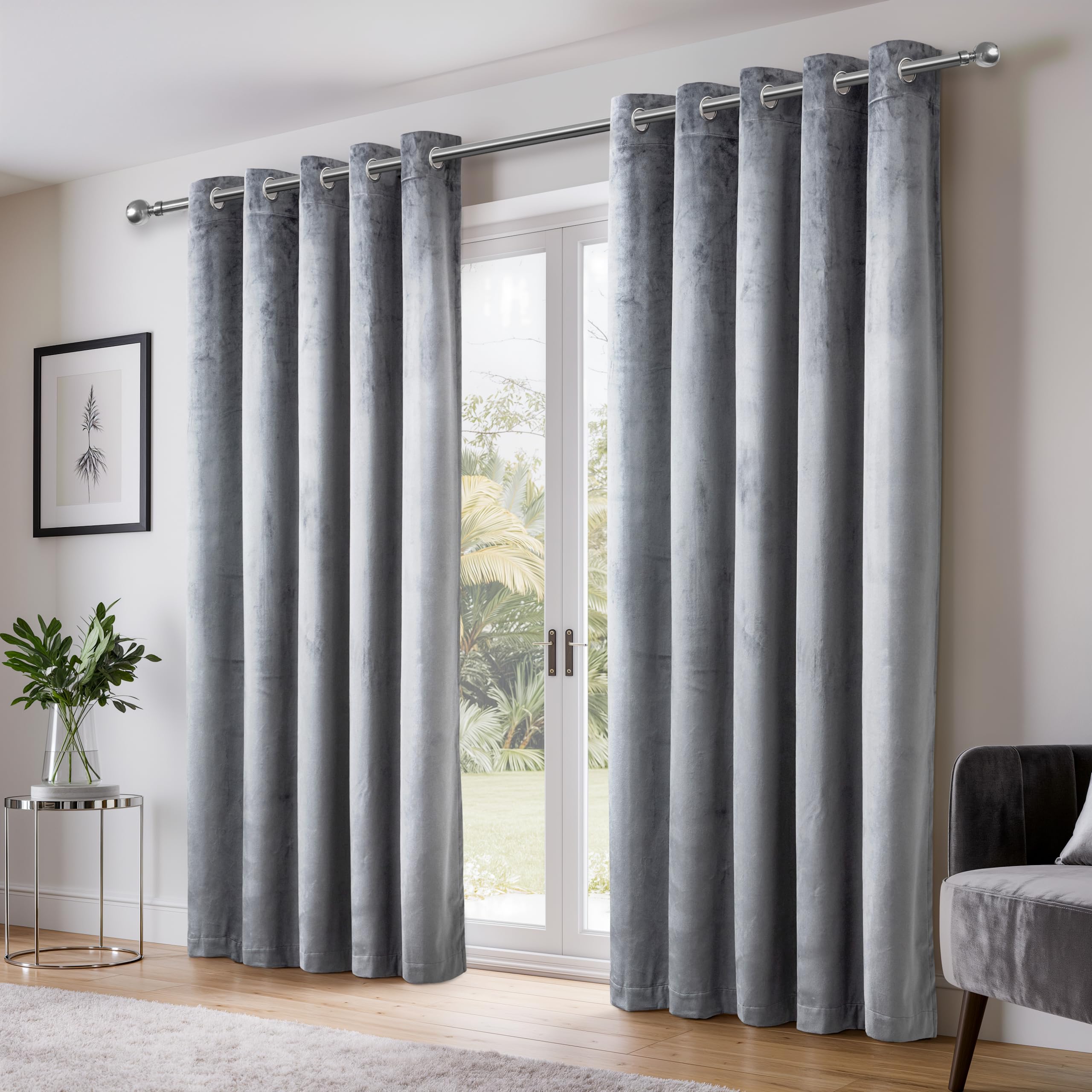 Emma Barclay Dusk Velvet Blackout Eyelet Ring Top Curtains for Bedroom Living Room, Thermal Soft Plain Velvet Curtain Pair, 90 x 108 Inch, Silver