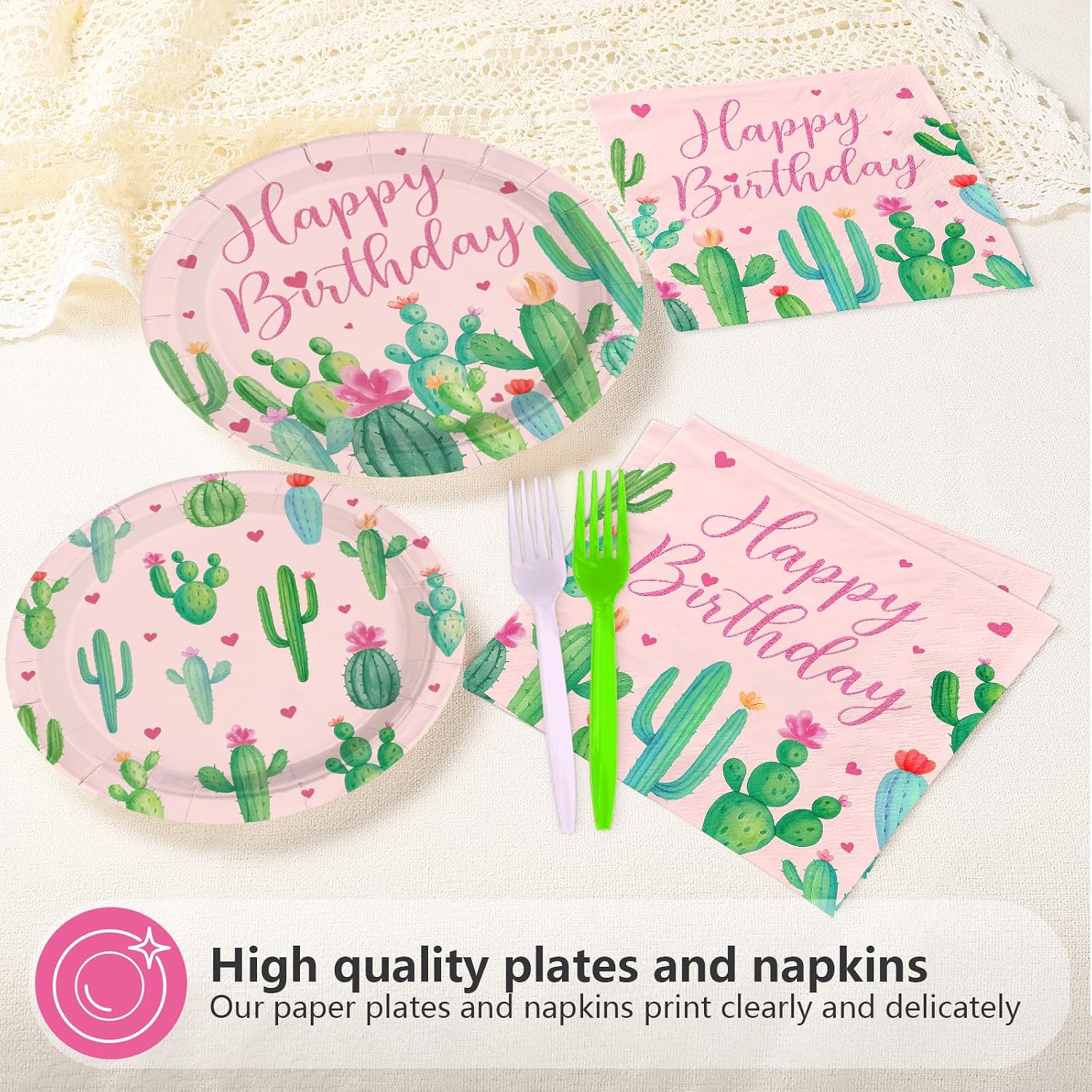 96Pcs Cactus Birthday Decorations Mexican Fiesta Plates and Napkins Pink Green Cactus Birthday Decorations for Girls Cinco De Mayo Hawaiian Luau Spring Summer Baby Shower Party Supplies Serves 24