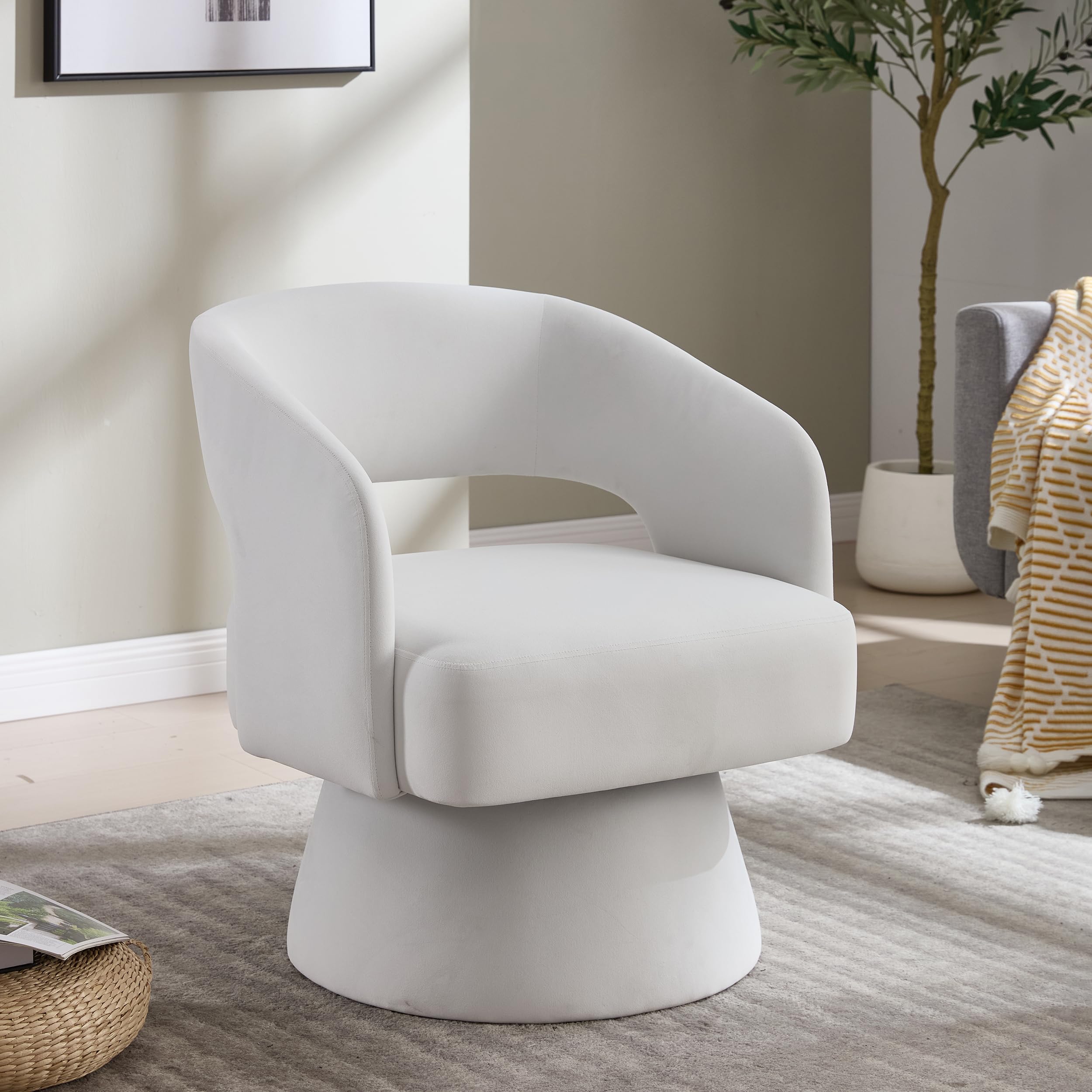 360° drehbarer Drehsessel & Polstersessel mit Samtbezug – Loungesessel & Rundfaßstuhl, weiche Schaumpolster, ergonomische Rückenlehne, Metall-Drehfuß, für Wohnzimmer & Schlafzimmer, Beige