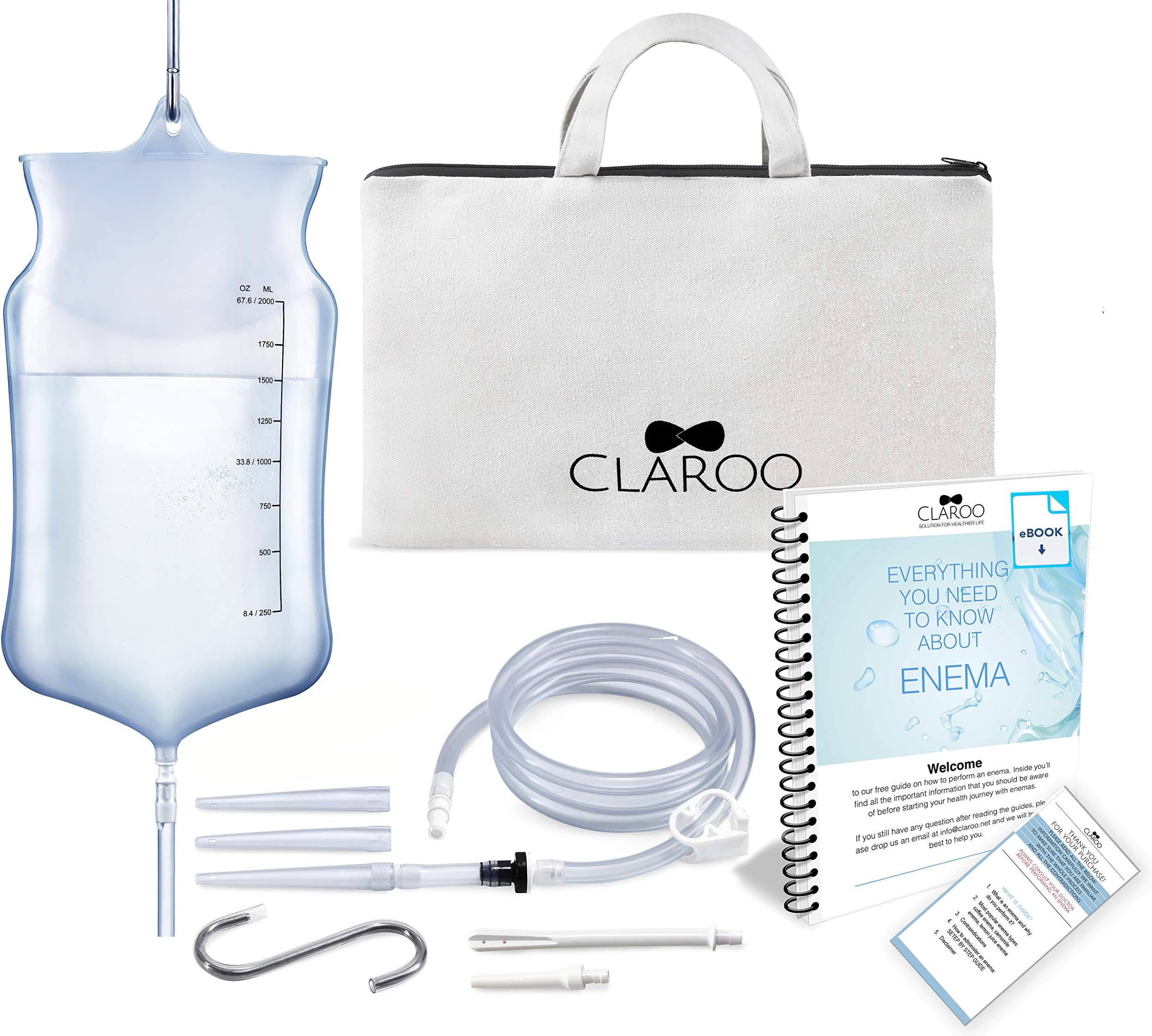Enema Bag Kit for Colon Cleasing 2 Quart. Silicone, Non-Toxic, BPA & Phthalates Free | Reusable Set for Water, Oil, Coffee, Gerson Enemas | Clear Bag with Scale, Comfortable Nozzle