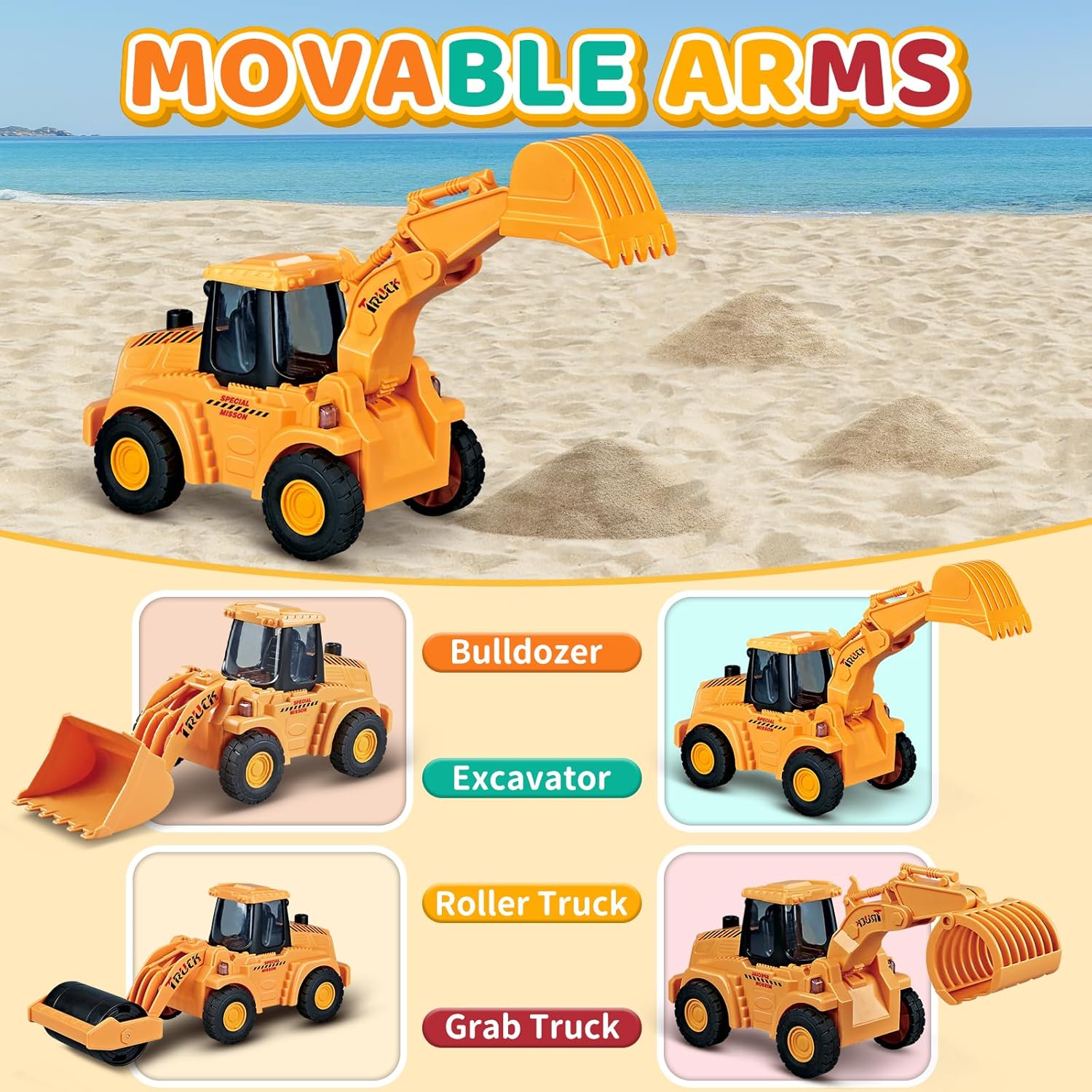 Veslier 4 Pack Construction Toys for 3 4 5 6 + Years Old Boys Kids Toddlers, Friction Powered Truck Toys for Toddlers 3 4 5 6 Years,Push and Go Car Toy,Kids Birthday Gifts for 3-6 Years Old Boys