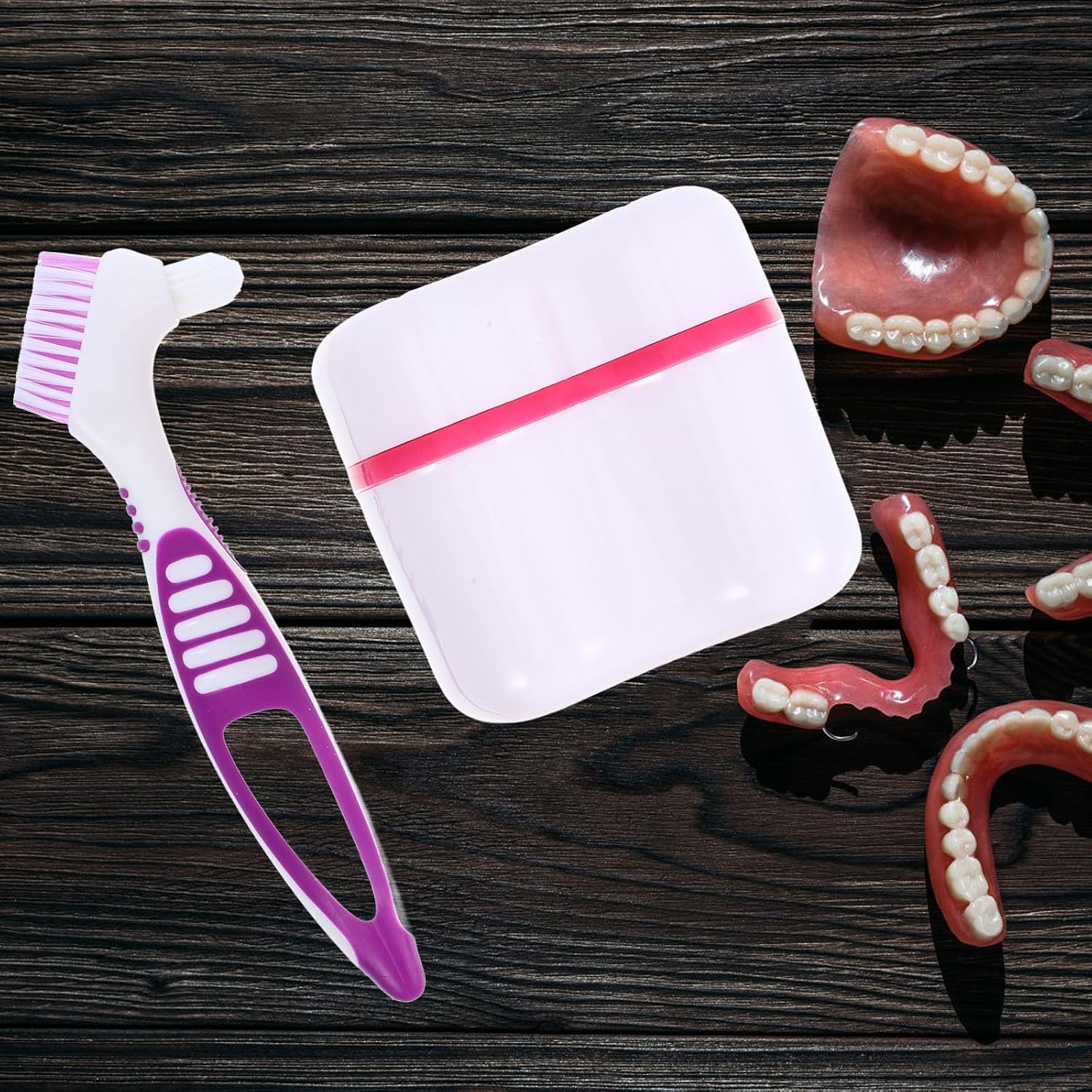 Denture Storage Box with Strainer Basket and Cleaning Brush, Red Retainer Bath Case for Soaking False Teeth, Portable Toothbrush Organizer for Travel and Regular Oral Hygiene