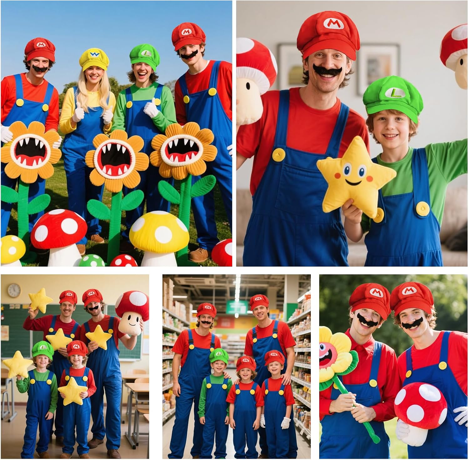 4 Set Super Bros Halloween Costume for Adult,Super Bros Hats Accessories Mary Luigi Caps, Mustaches, Suspenders, Gloves Buttons Set