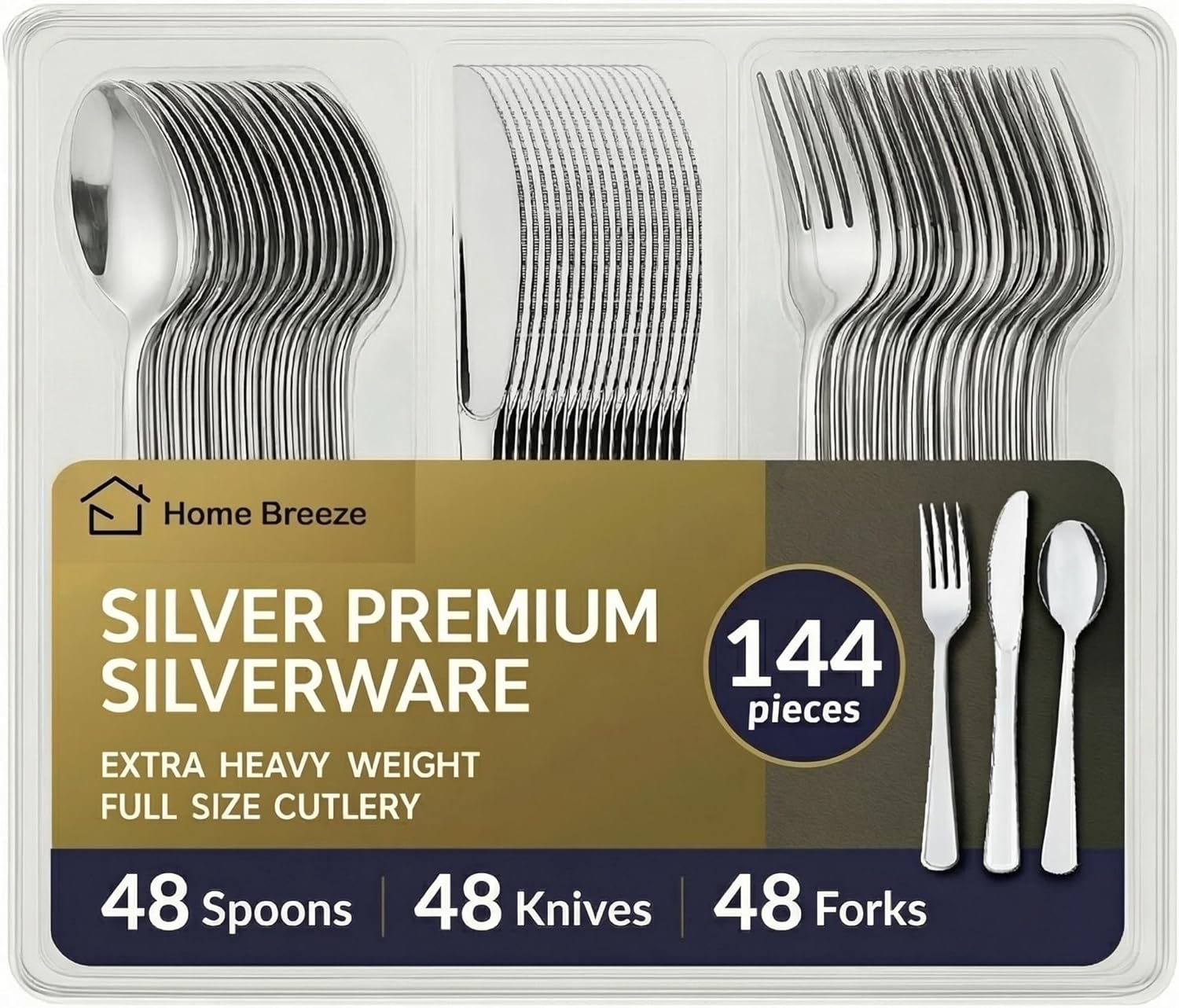 144 Pack Silver Premium Heavy Duty Plastic Silverware, 48 Forks, 48 Spoons, 48 Knives, For Catering, Parties, Dinners and Weddings, BPA-Free, Disposable Plastic Cutlery Set Utensils Set
