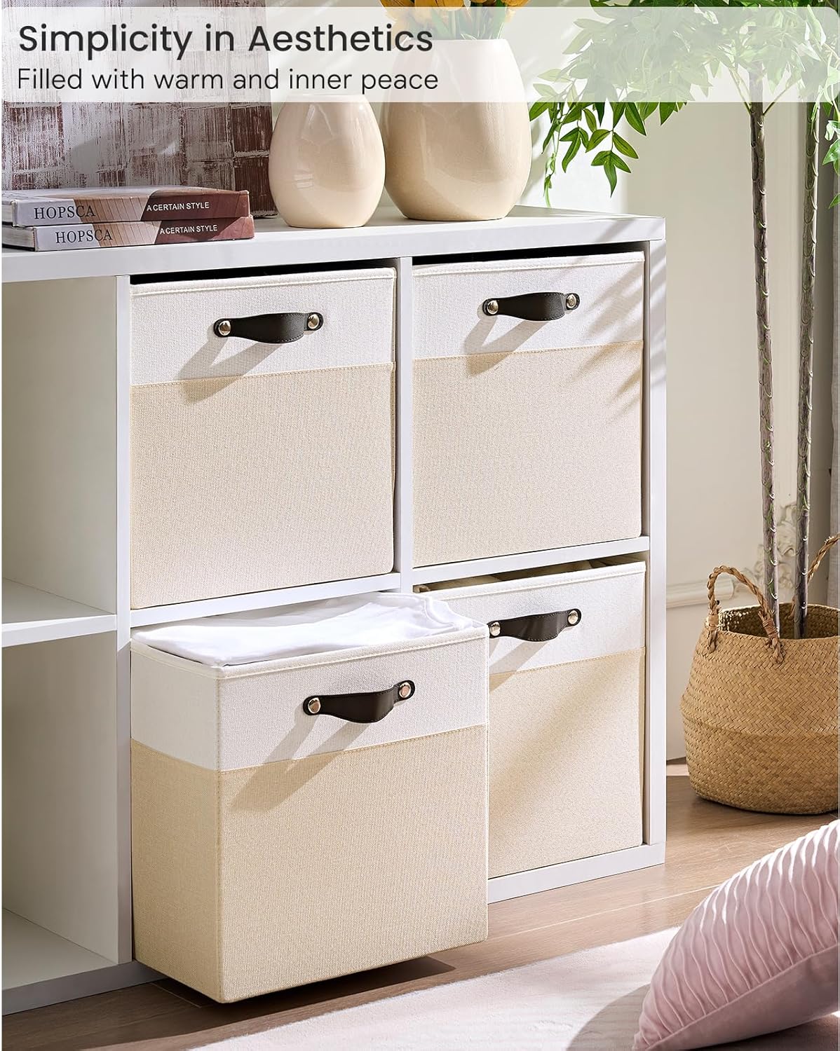 Storage Cube Bins | 7.7 oz/yd² Fabric Cubby Organizer Baskets for Shelf, Closet, Cabinet, Wardrobe | KALLAX Shelving Unit Insert Drawer | 4 Pack, Beige & White, 13x15x13 Inch