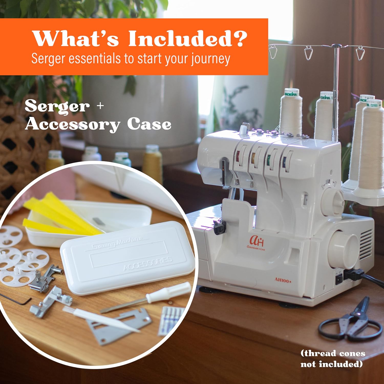 Serger Sewing Machine by American Home, Portable Stitching Machine Easy to Follow 4/3/2 Serger Thread with Differential Feed for Hemming and Sewing, Includes Sewing Accessory Kit, AH100