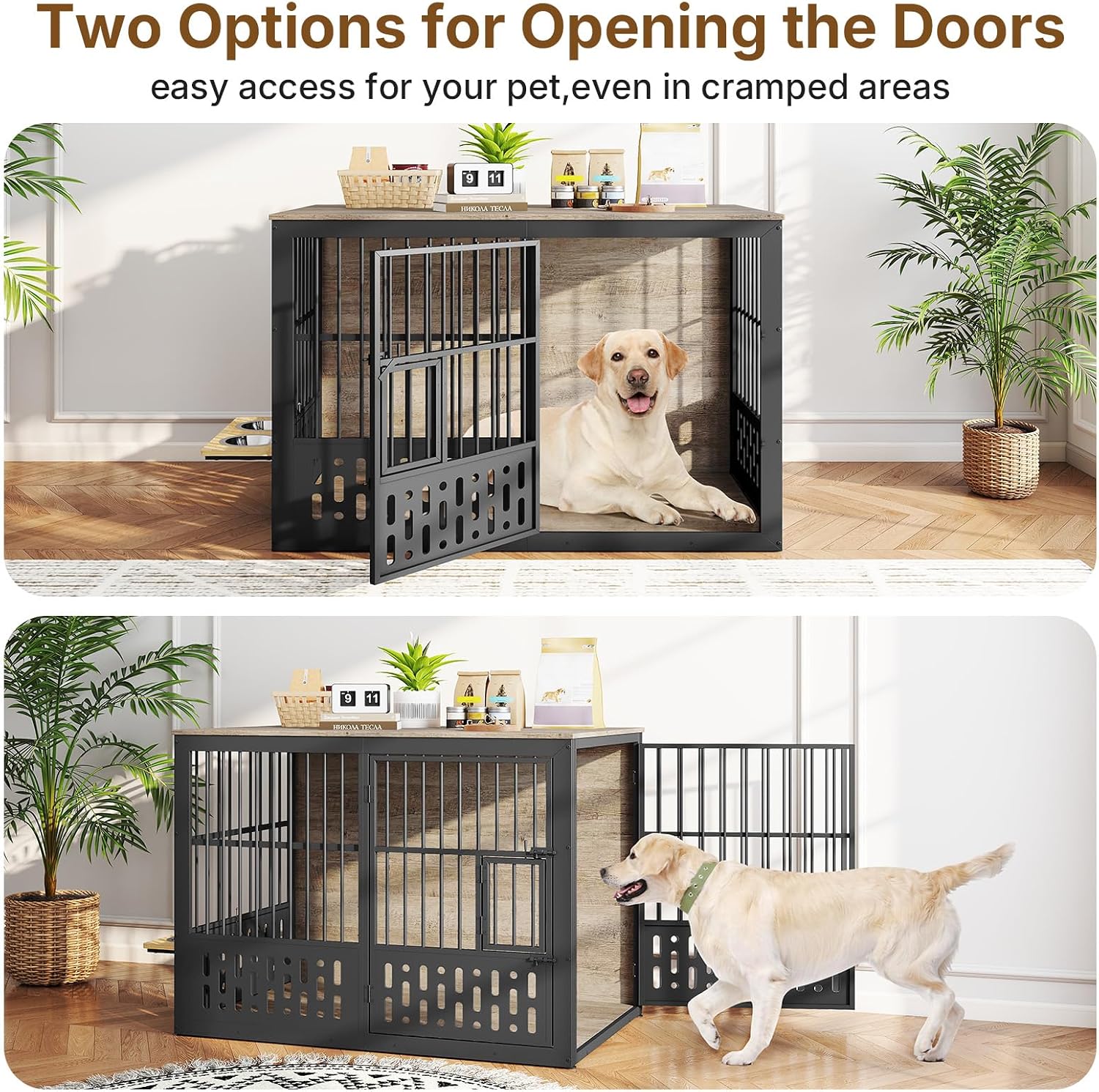 Rovibek 48 Inch Dog Crate Furniture, Wooden Dog Cage Furniture with Window and Adjustable Dogs Bowls 360° Rotatable, Heavy Duty XL Kennel Indoor as End Table, Grey