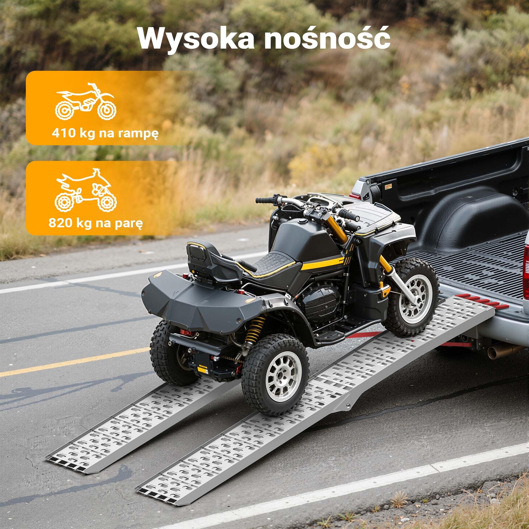 Wiltec Składany najazd aluminiowy o długości 226 cm i udźwigu 410 kg, lekka i łatwa rampa do przechowywania, do załadowania quadów i motocykli