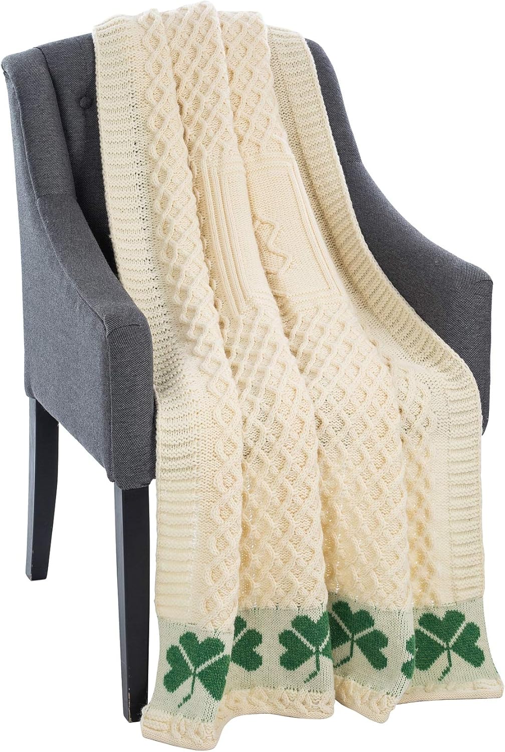 SAOL Irish Shamrock Aran Throw Blanket -100% Merino Wool - Honeycomb Pattern - Natural / 40'' x 60''/100 cm x150 cm