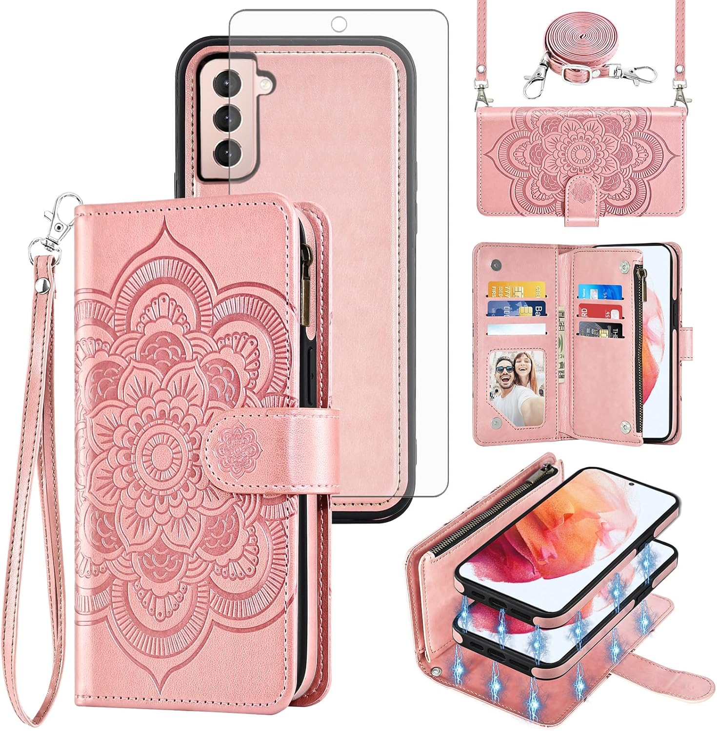 Asuwish Phone Case for Samsung Galaxy S21 5G 6.2 inch Zipper Wallet Detachable Cell Cover with Tempered Glass Screen Protector Crossbody Strap Flower Card Holder Slot S 21 21S G5 Women Girls Rose Gold
