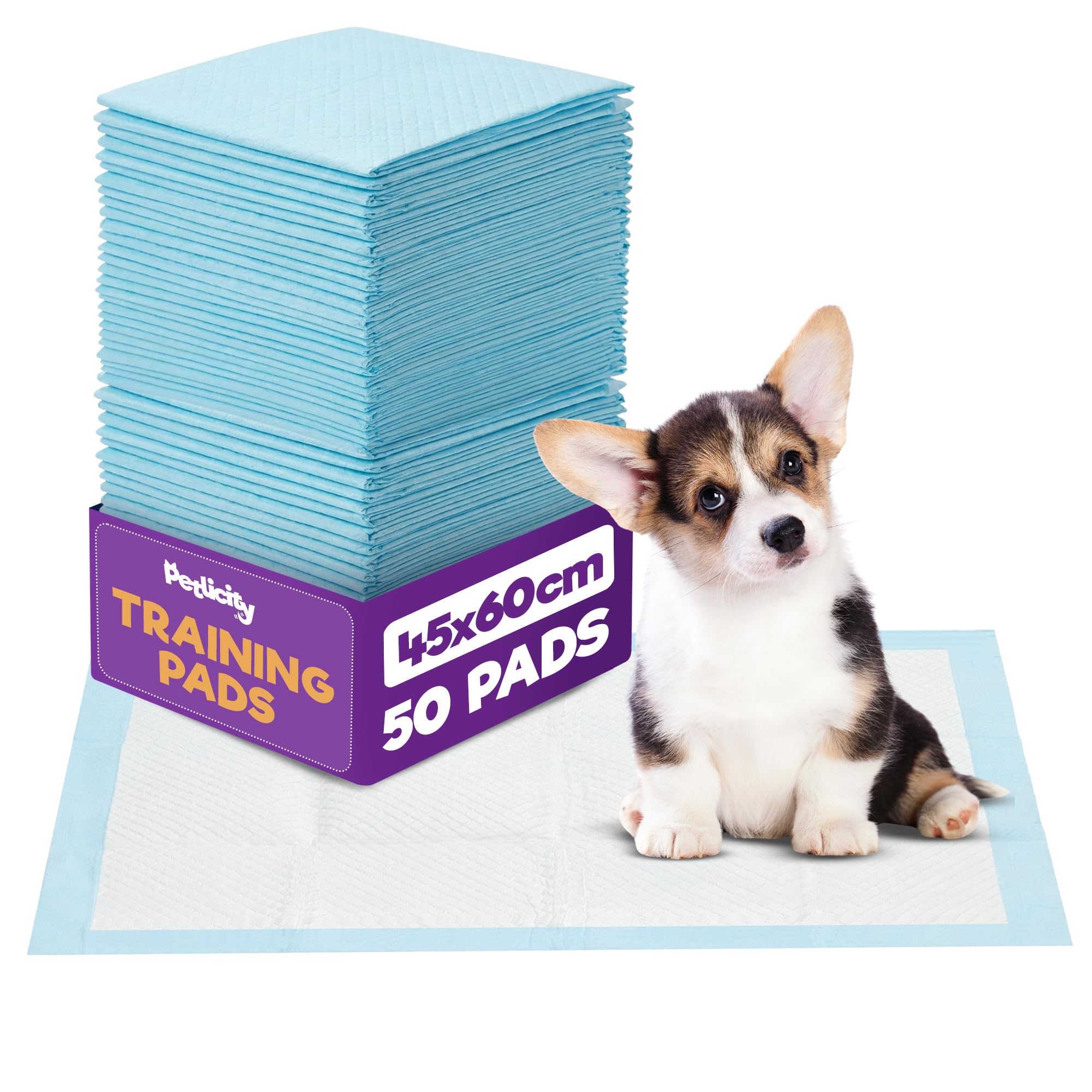 Petlicity 45x60cm Small Puppy Pads 50-pack - Disposable Puppy Training Pads, Highly Absorbent Leak-Proof Dog Training Pads, Premium Quality Quick-Dry Dog Pee Pads - Dog Pads for Pee, Dog Mats Small