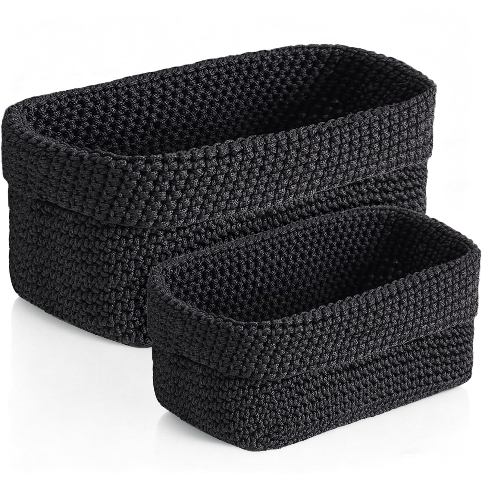 2 Piezas Cestas Almacenaje, Cesta de Ganchillo Tejida a Mano, Cestas de Almacenamiento, Cesta Organizadora Rectangular Grande y Pequeña para Baño, Salón y Oficina, Negro (negro)