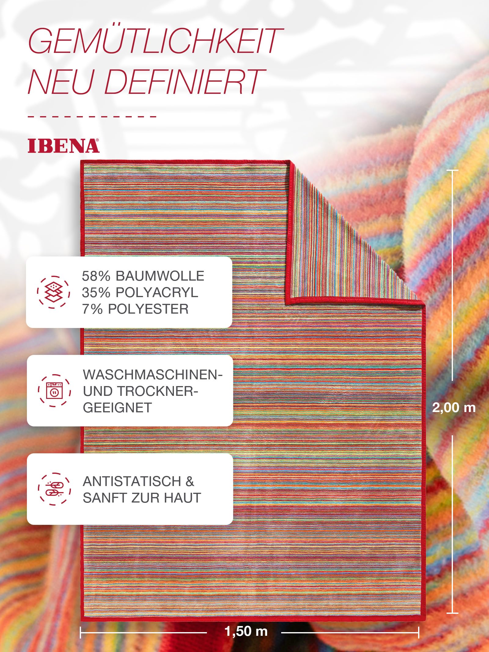 Ibena Malang Wolldecke 150x200 cm - Baumwollmix weich, warm & waschbar, Kuscheldecke Streifen bunt