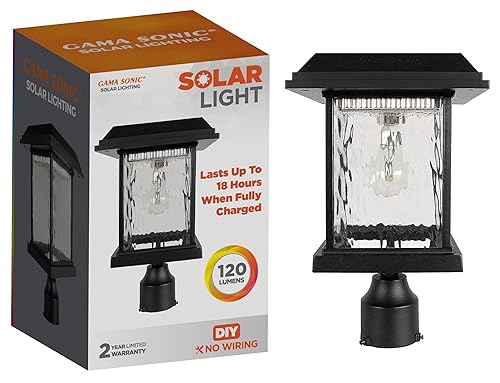 Gama Sonic Aspen - Lámpara solar para poste de luz exterior impermeable, aluminio negro con vidrio de lluvia transparente, ajuste de 3 pulgadas para