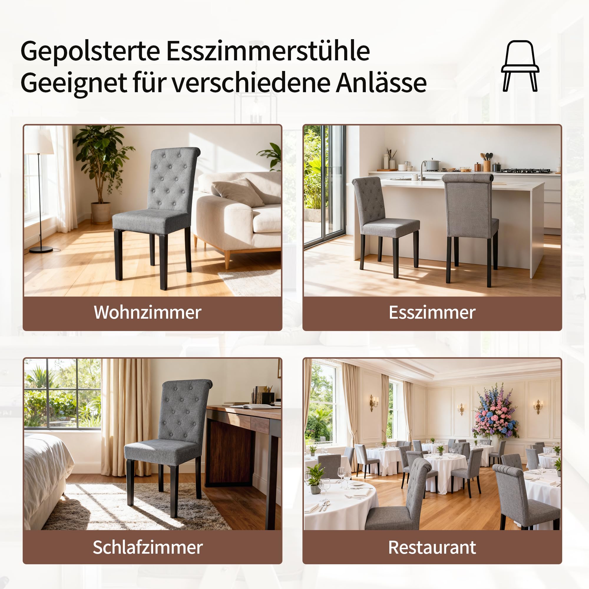 BonVache Esszimmerstühle 2er Set, Küchenstuhl Polsterstuhl mit hoher Rückenlehne, Beine aus Massivholz, Leinenoptik Gepolsterte Sitzfläche für Esszimmer, Wohnzimmer, Arbeitszimmer, Dunkelgrau