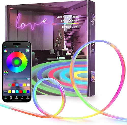 Luces de cuerda de neón LED de 50 pies, control de luces de cuerda LED flexibles con aplicación/control remoto, IP67 para exteriores RGB que cambian