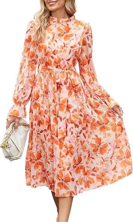 ANRABESS Women's Floral Chiffon Midi Dress Puff Long Sleeve Mock Neck Summer Wedding Guest Party Dresses Fall 2025 Outfits